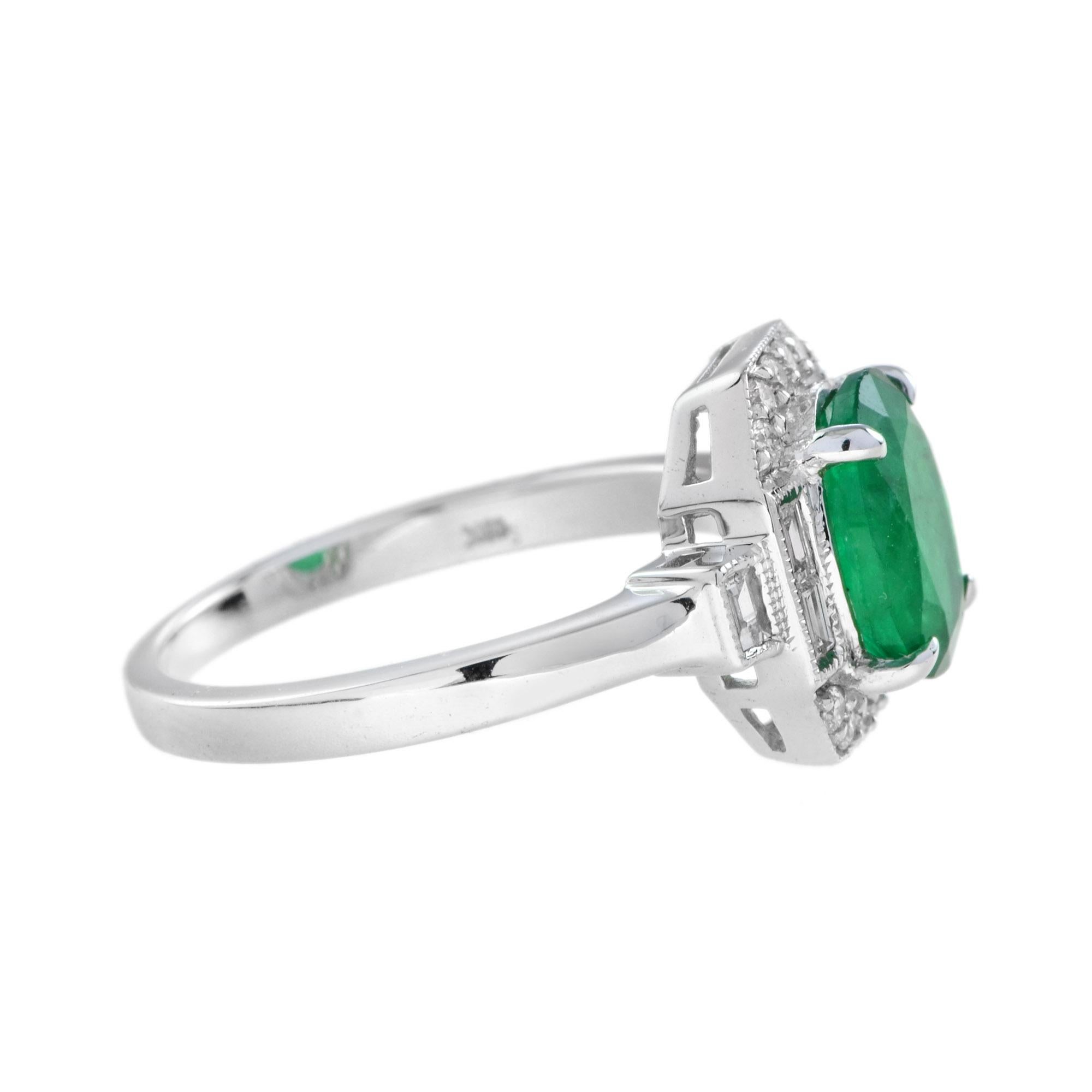 Art déco Art Deco Style Oval Shape Emerald & Diamond Halo Set 18K White Gold Ring en vente