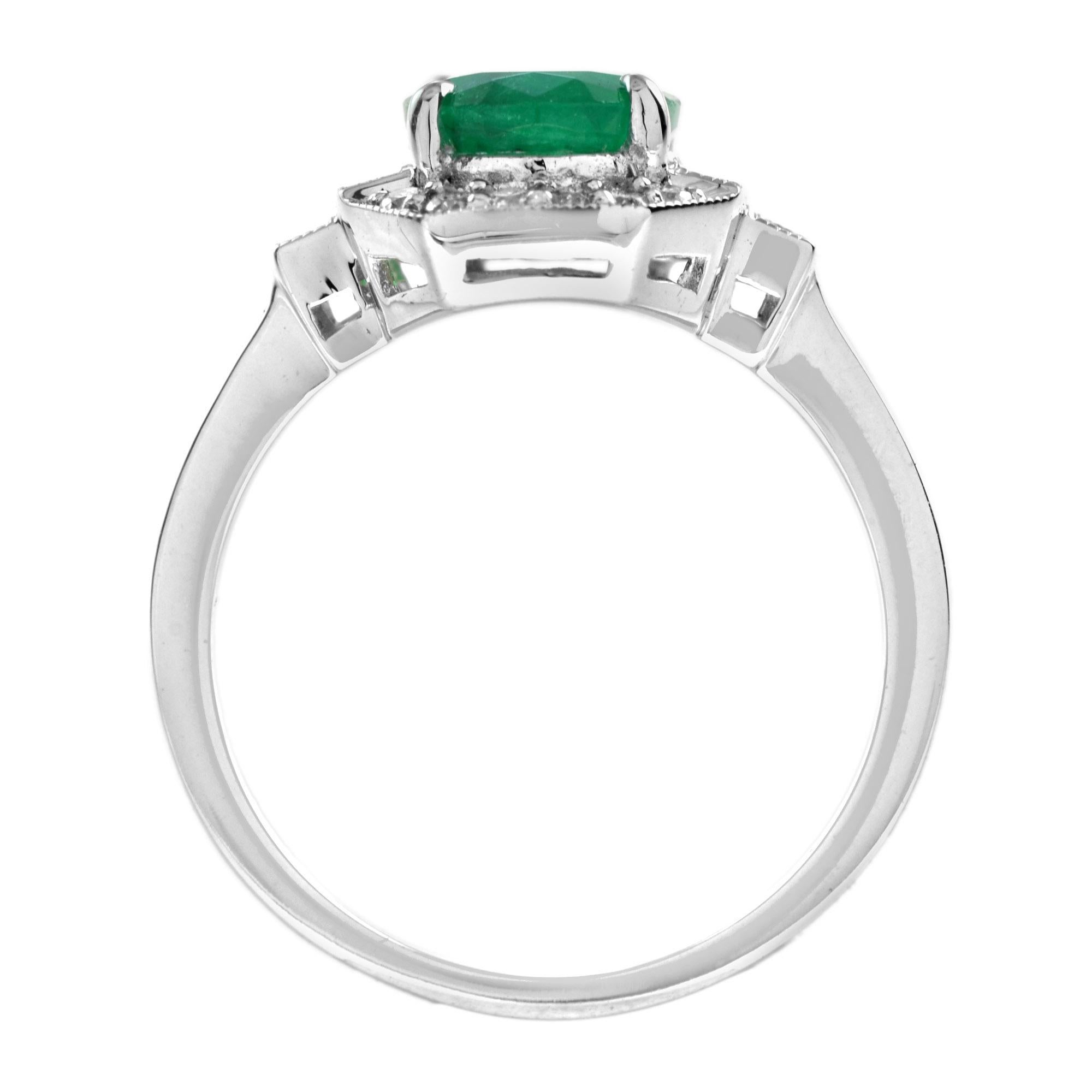 Art Deco Style Oval Shape Emerald & Diamond Halo Set 18K White Gold Ring Neuf - En vente à Oakton, VA