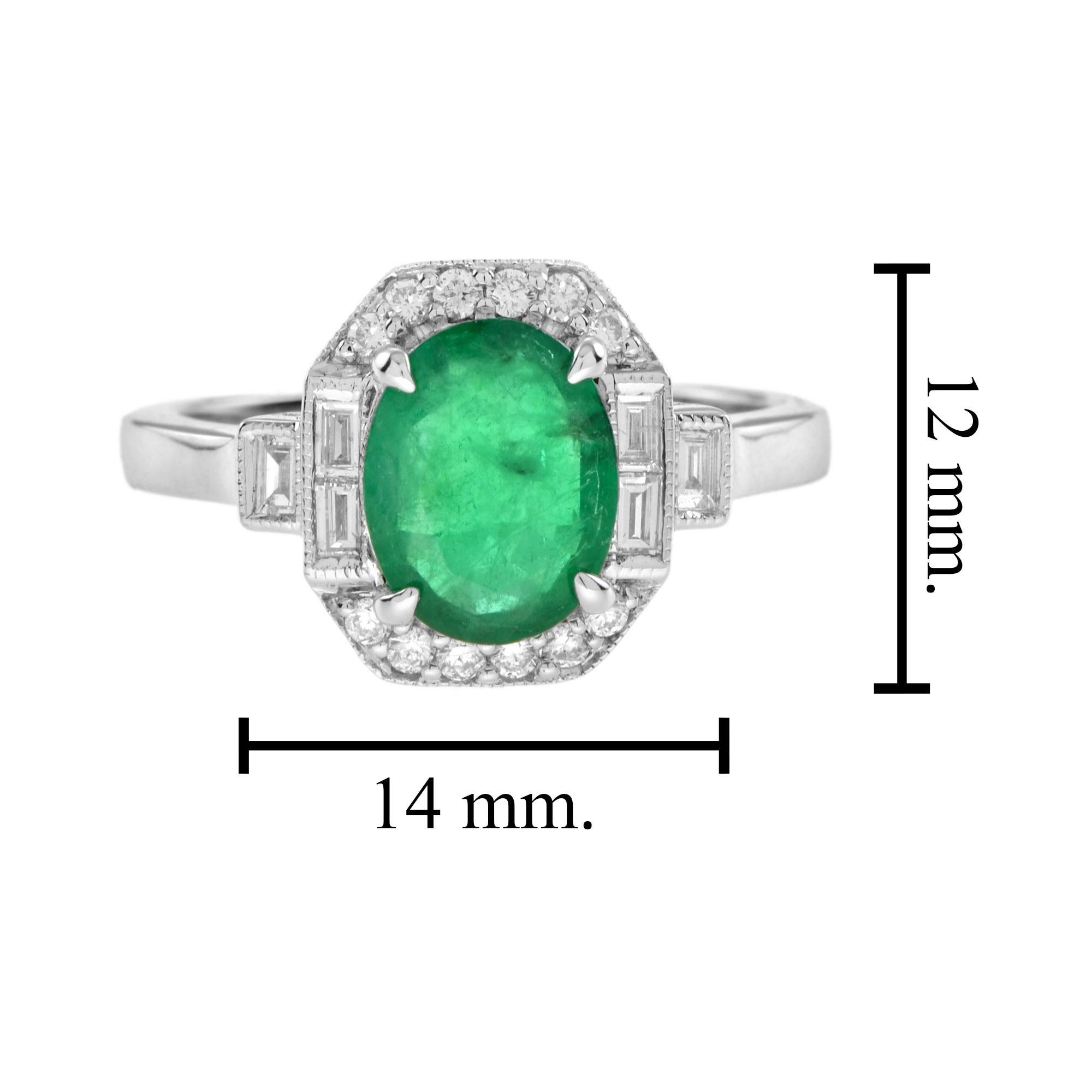 Art Deco Style Oval Shape Emerald & Diamond Halo Set 18K White Gold Ring en vente 1