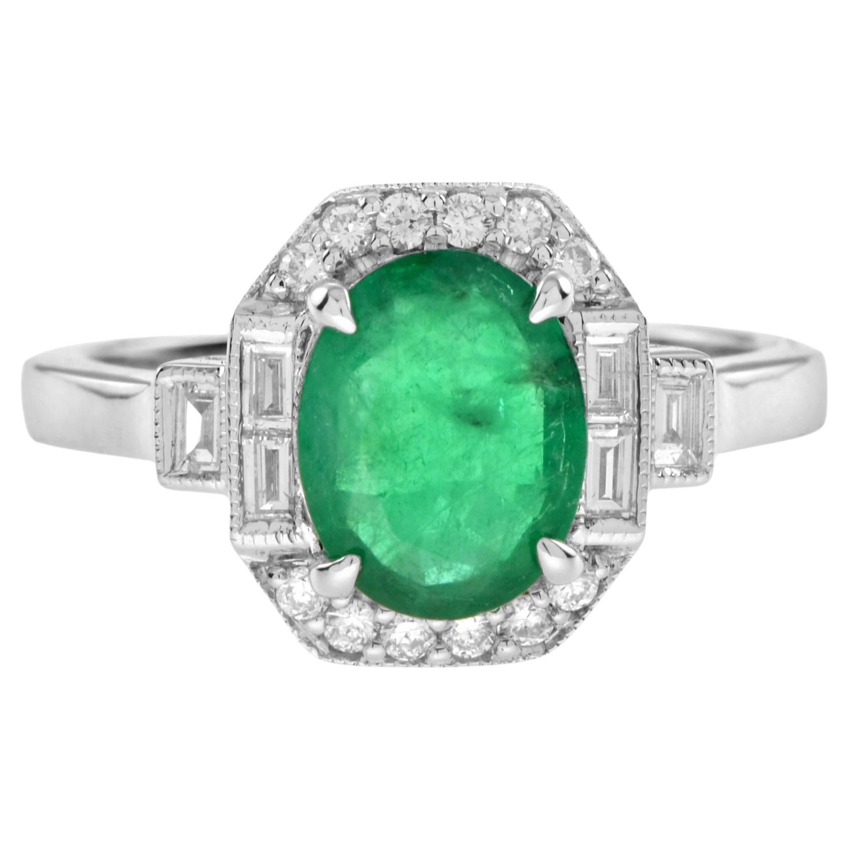 Art Deco Style Oval Shape Emerald & Diamond Halo Set 18K White Gold Ring