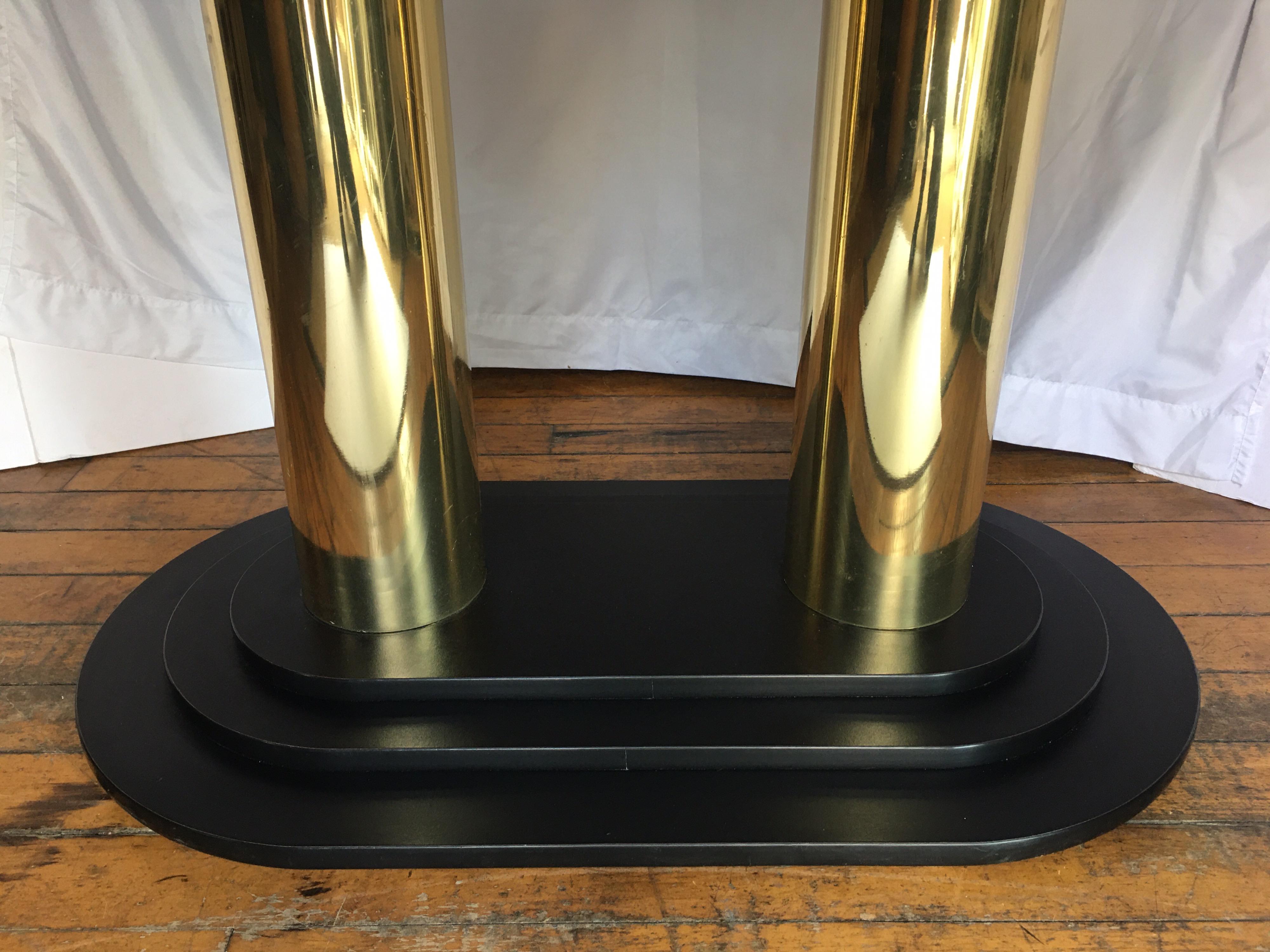 Art Deco Style Oval Smoked Glass and Brass Pedestal Column Dining Table, 1980s In Good Condition In Lambertville, NJ