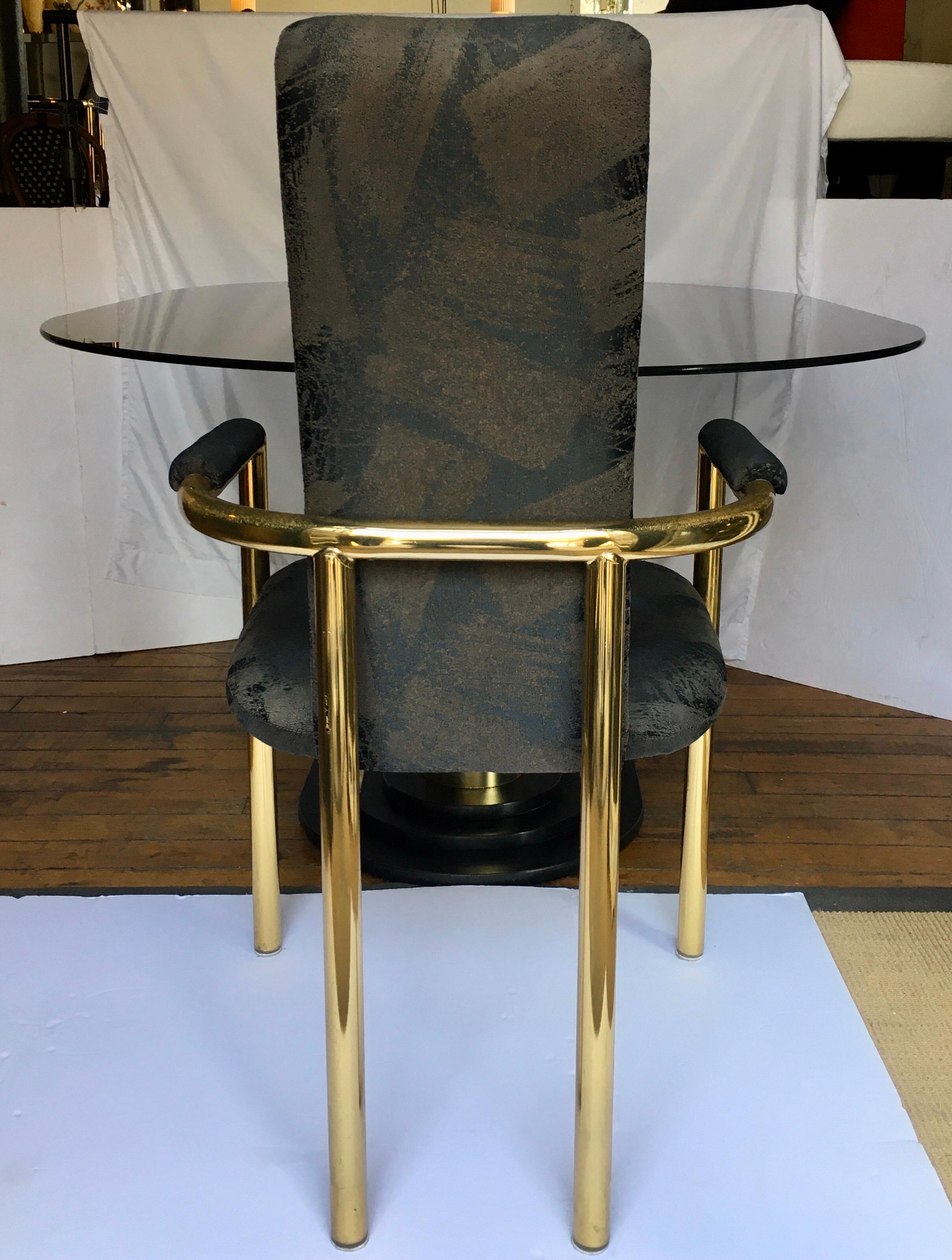 Late 20th Century Art Deco Style Oval Smoked Glass and Brass Pedestal Column Dining Table, 1980s