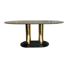Art Deco Style Oval Smoked Glass and Brass Pedestal Column Dining Table, 1980s