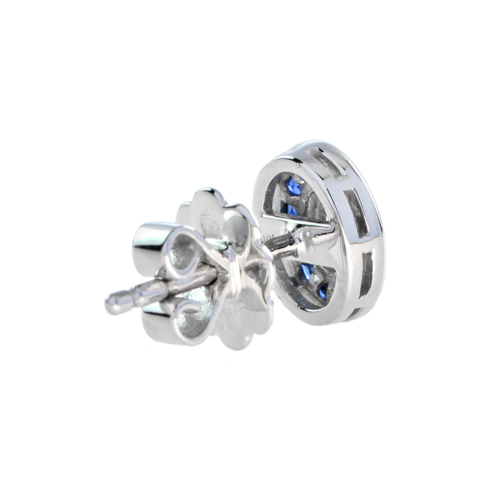 Oval Cut Oval Diamond Blue Sapphire Halo Art Deco Style Stud Earrings in 18K White Gold For Sale