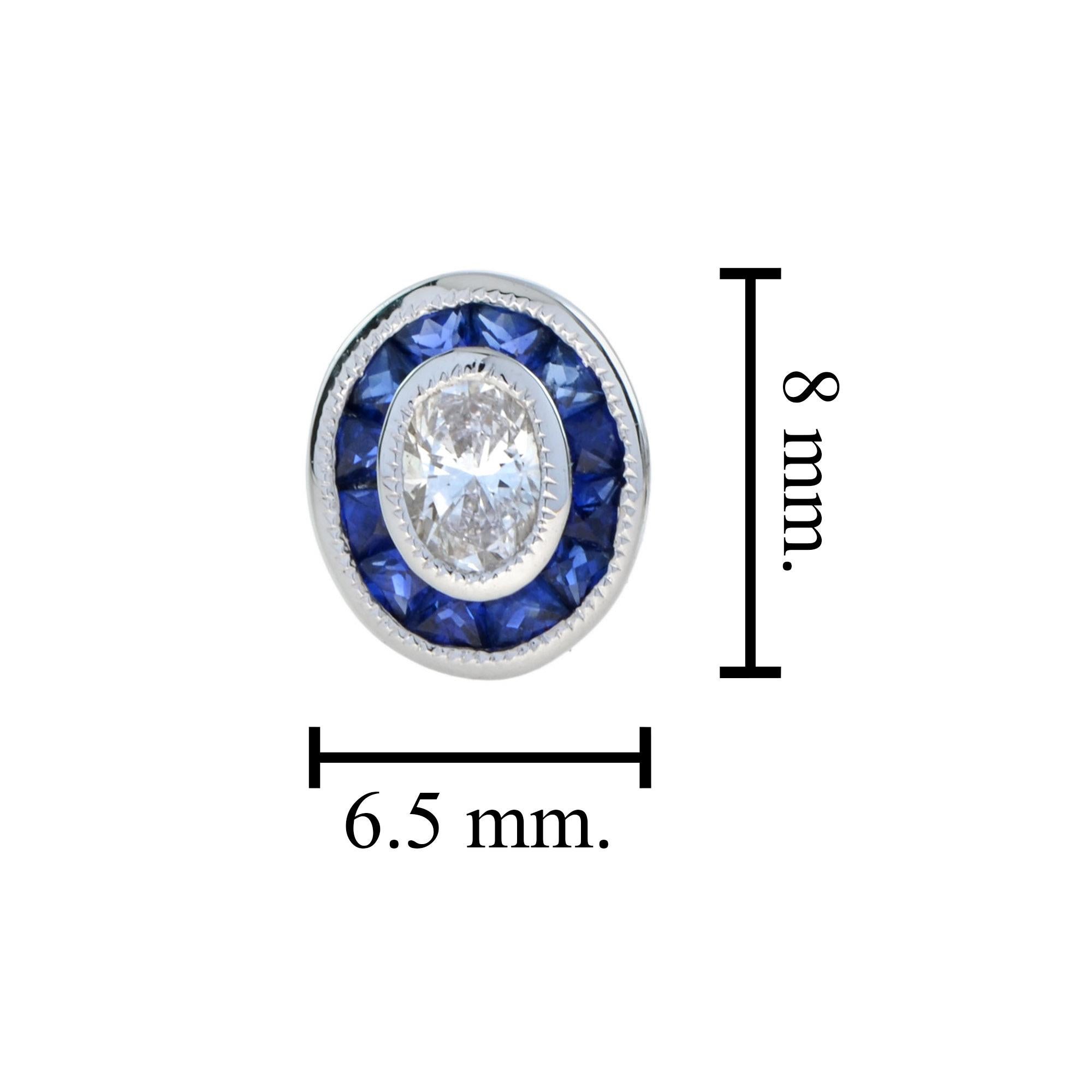 Oval Diamond Blue Sapphire Halo Art Deco Style Stud Earrings in 18K White Gold In New Condition For Sale In Bangkok, TH