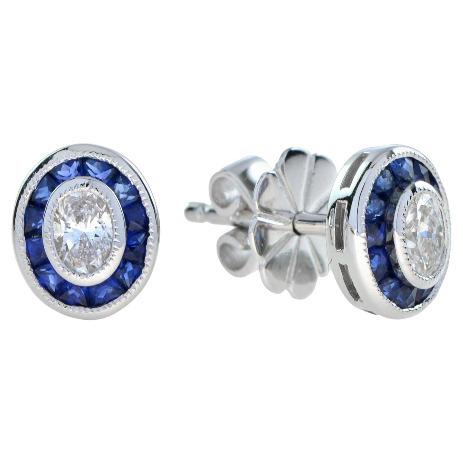 Oval Diamond Blue Sapphire Halo Art Deco Style Stud Earrings in 18K White Gold