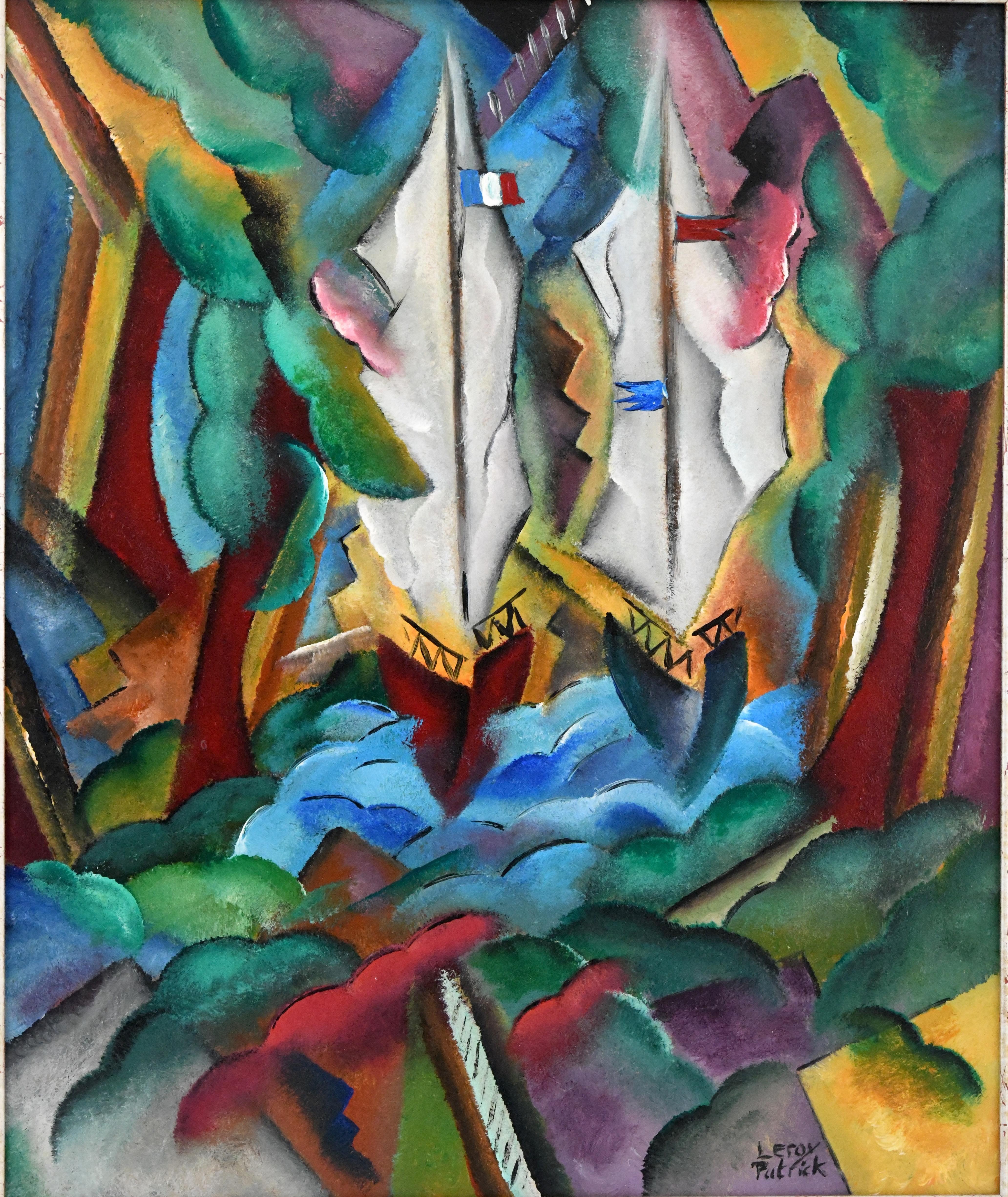 Art déco Peinture de paysage de style Art Déco avec bateaux à voile Patrick Leroy France en vente