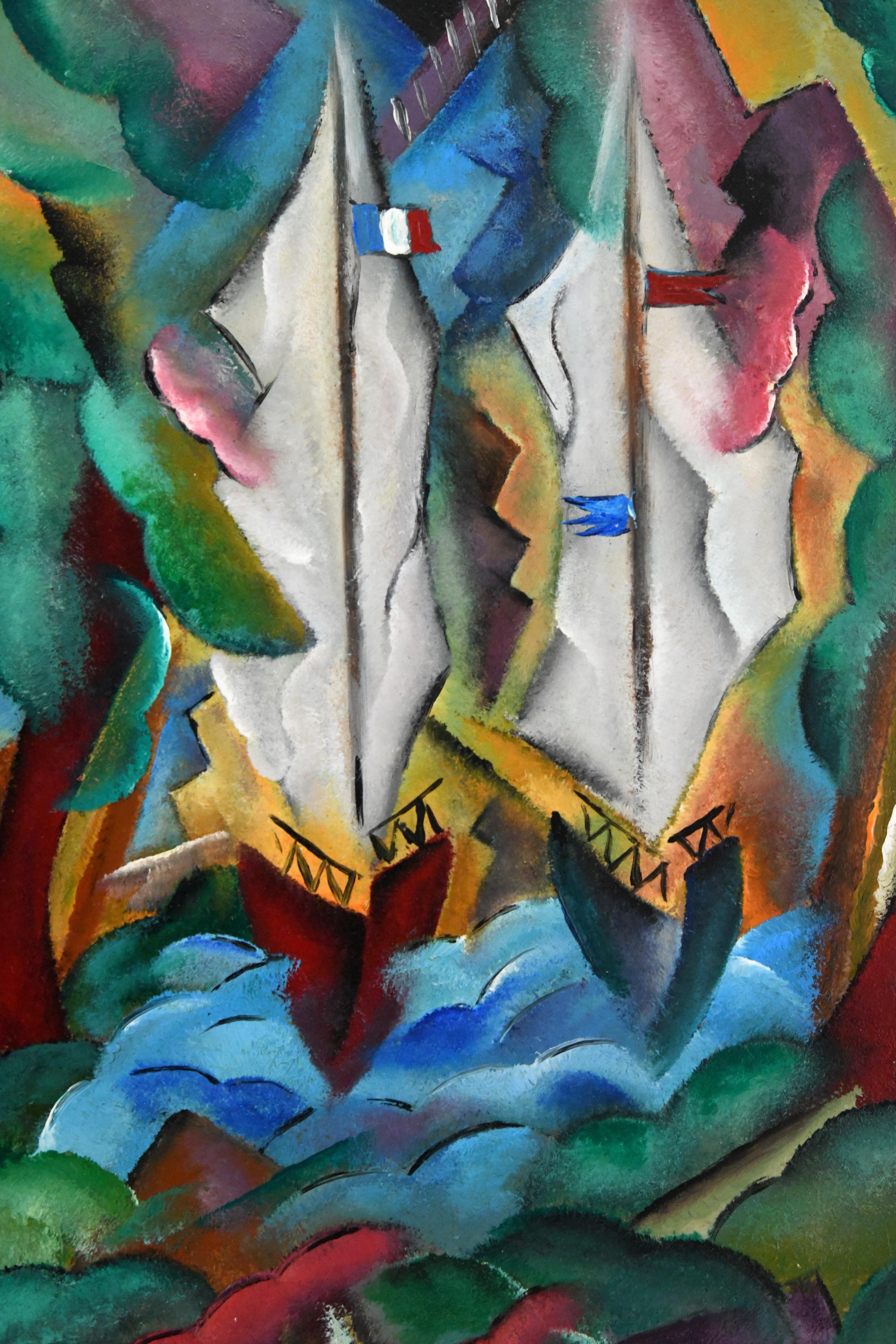 Français Peinture de paysage de style Art Déco avec bateaux à voile Patrick Leroy France en vente