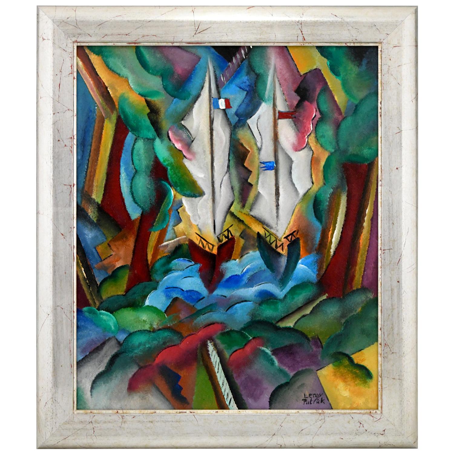 Peinture de paysage de style Art Déco avec bateaux à voile Patrick Leroy France en vente