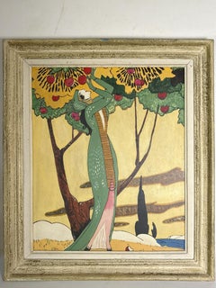 Art Deco Style Painting of a Woman Picking Fruit, Oil on Canvas, France, 20th