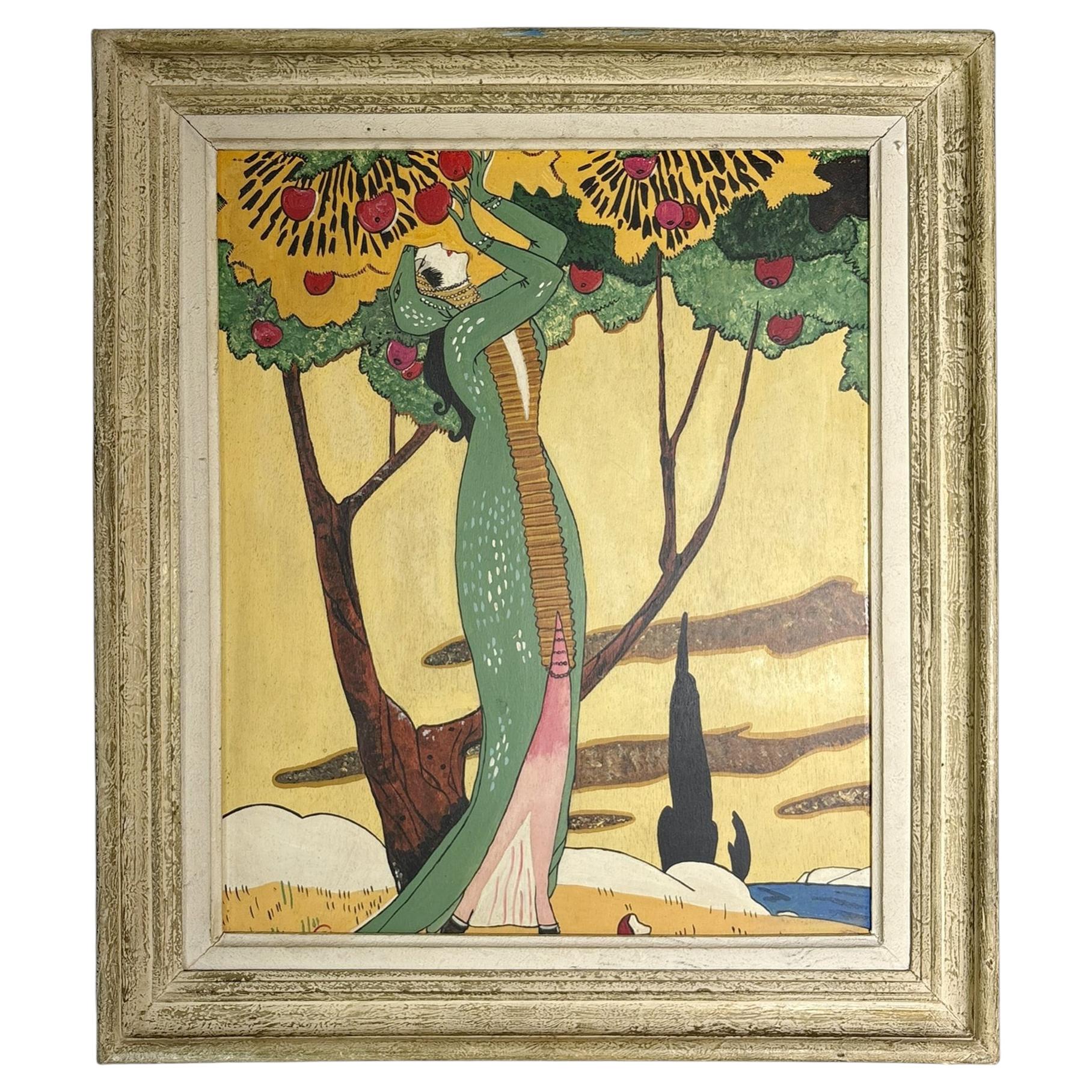 Art Deco Style Painting of a Woman Picking Fruit, Oil on Canvas, France, 20th