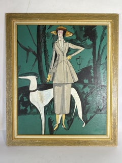 Art Deco Style Painting of a Woman with a Greyhound, Oil on Canvas, France, 20th
