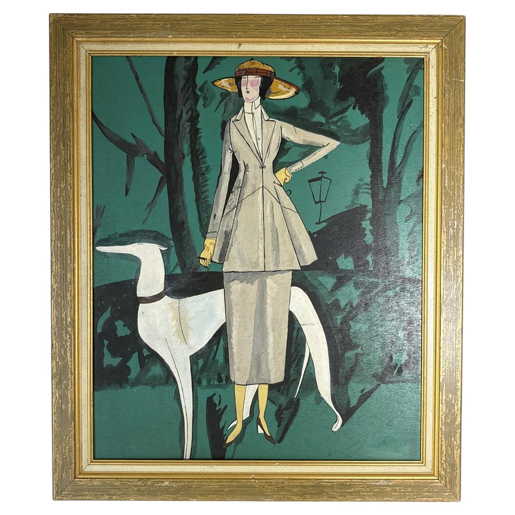 Art Deco Style Painting of a Woman with a Greyhound, Oil on Canvas, France, 20th For Sale