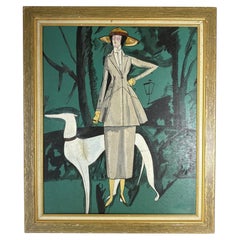 Art Deco Style Painting of a Woman with a Greyhound, Oil on Canvas, France, 20th