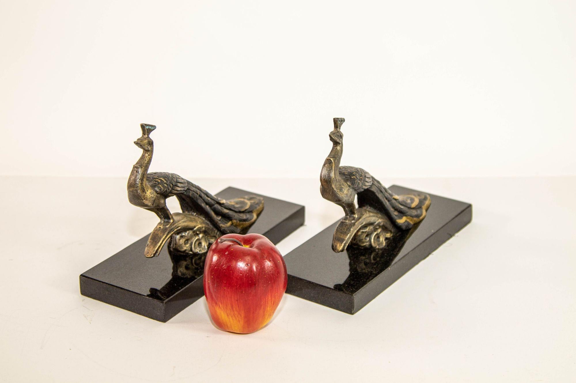 Art Deco Style Pair Bronze Peacock Bookends on Black Marble Base For Sale 6