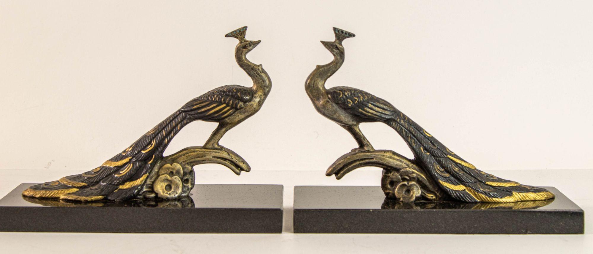 Art Deco Style Pair Bronze Peacock Bookends on Black Marble Base 7