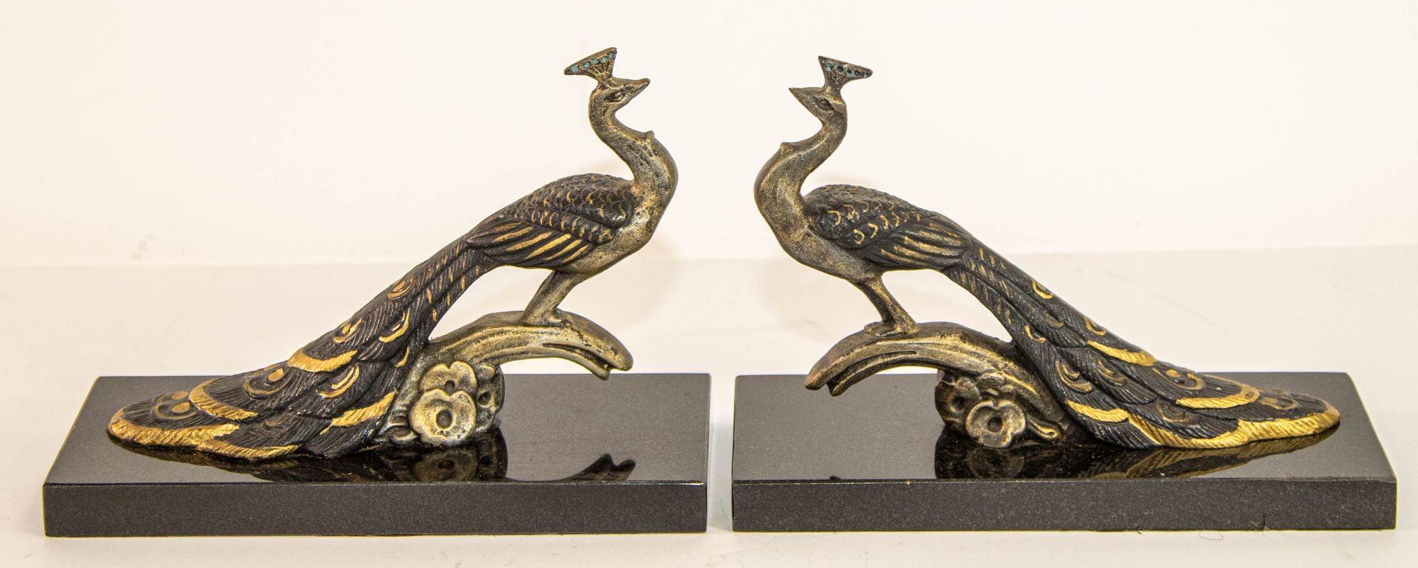 Cast Art Deco Style Pair Bronze Peacock Bookends on Black Marble Base For Sale