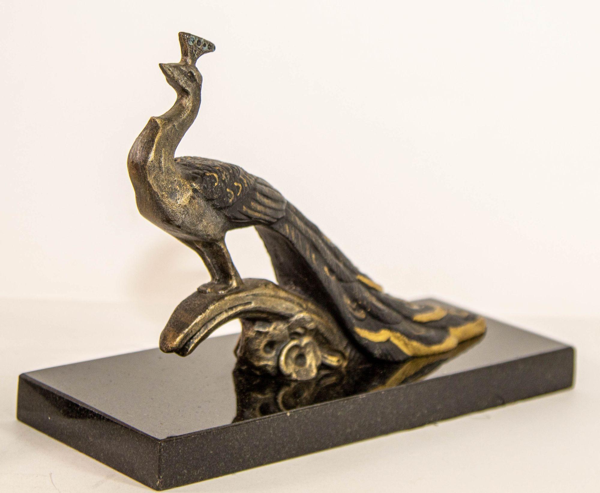 Art Deco Style Pair Bronze Peacock Bookends on Black Marble Base In Good Condition For Sale In North Hollywood, CA