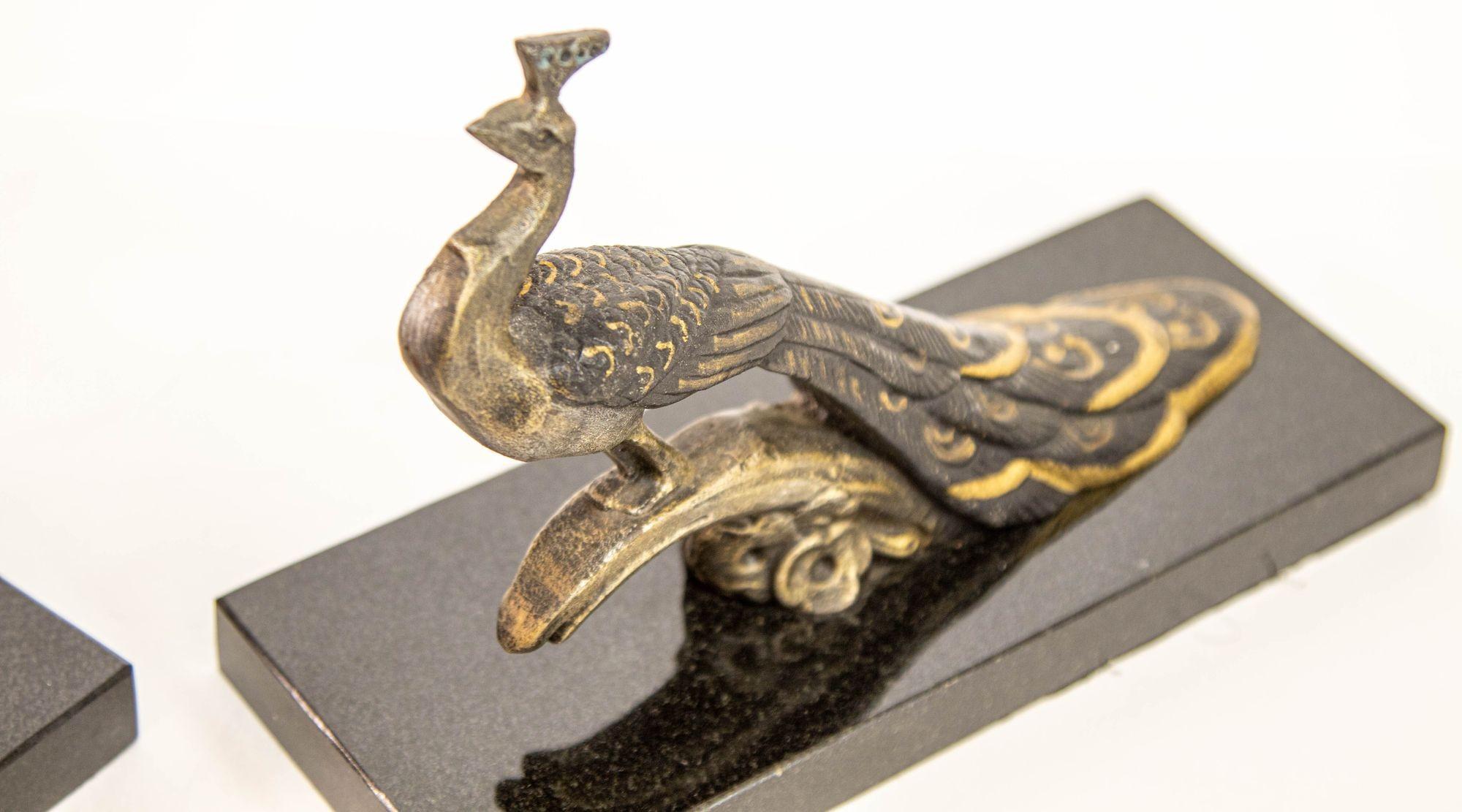 20th Century Art Deco Style Pair Bronze Peacock Bookends on Black Marble Base For Sale