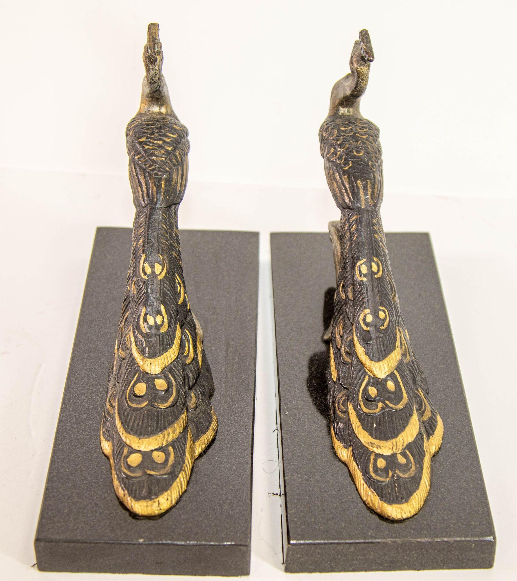 Brass Art Deco Style Pair Bronze Peacock Bookends on Black Marble Base For Sale