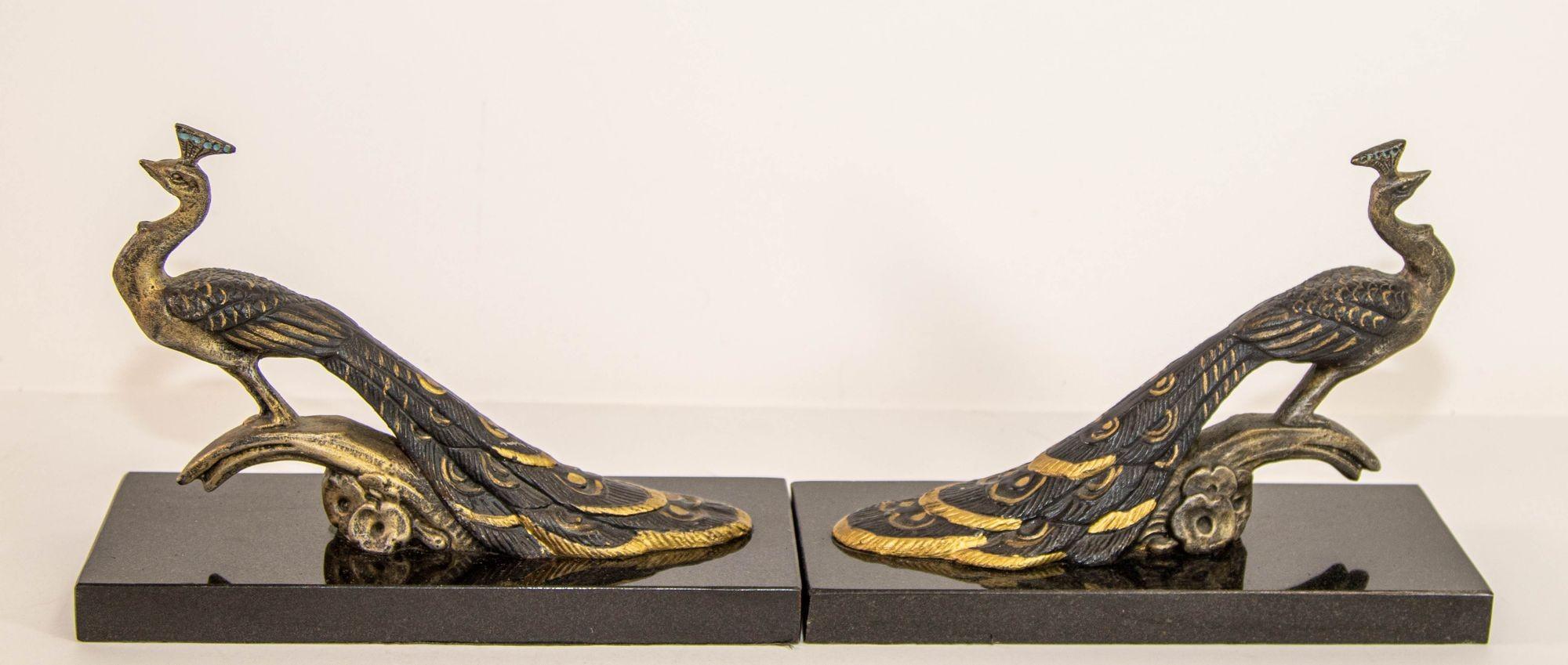 Art Deco Style Pair Bronze Peacock Bookends on Black Marble Base For Sale 1
