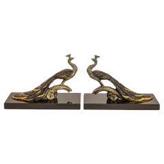 Art Deco Style Pair Bronze Peacock Bookends on Black Marble Base