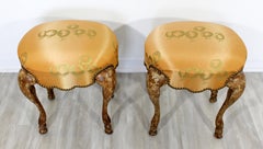 Art Deco Style Pair Carved Wood Upholstered Stools Cabriole Legs Minton-Spidell