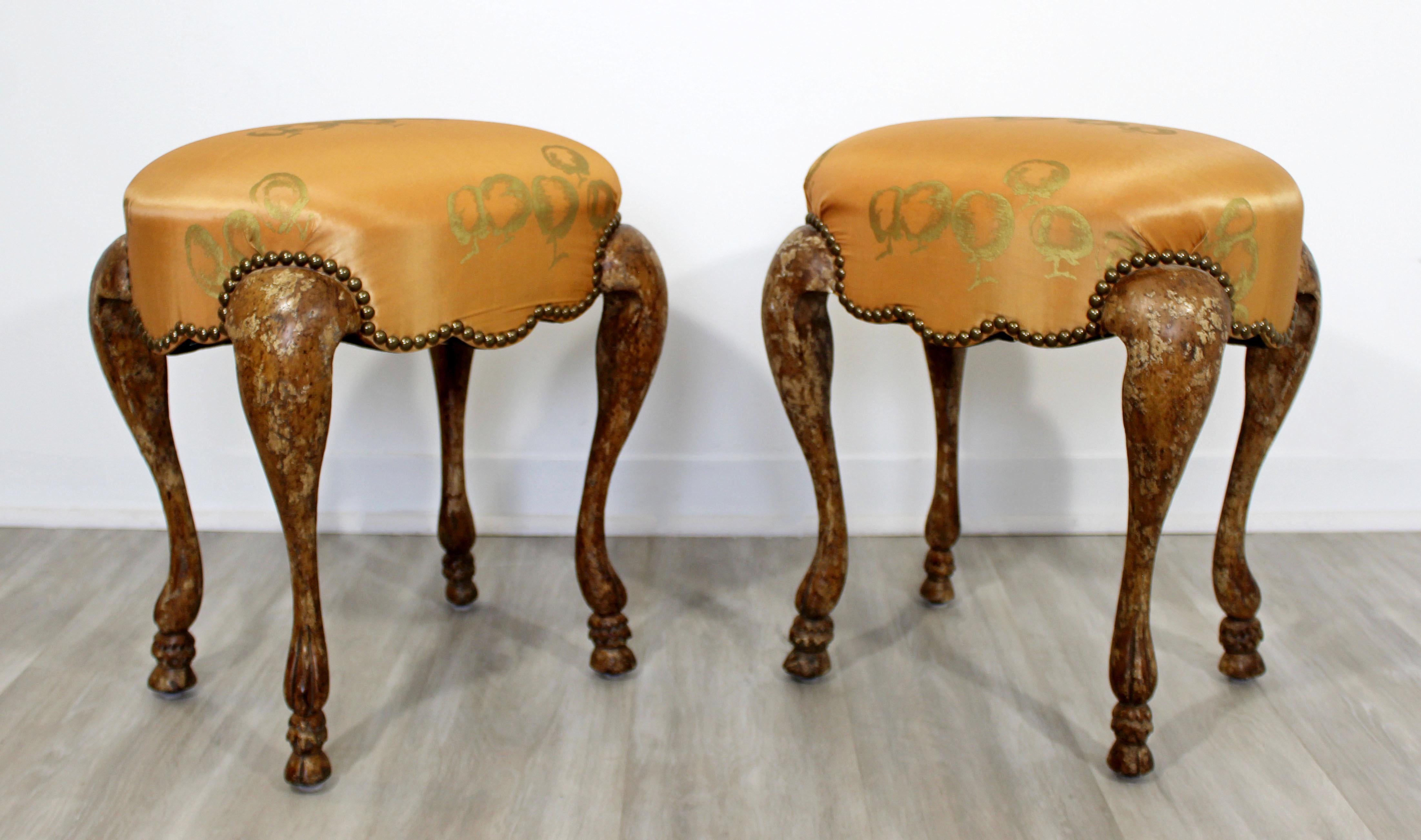 American Art Deco Style Pair Carved Wood Upholstered Stools Cabriole Legs Minton-Spidell