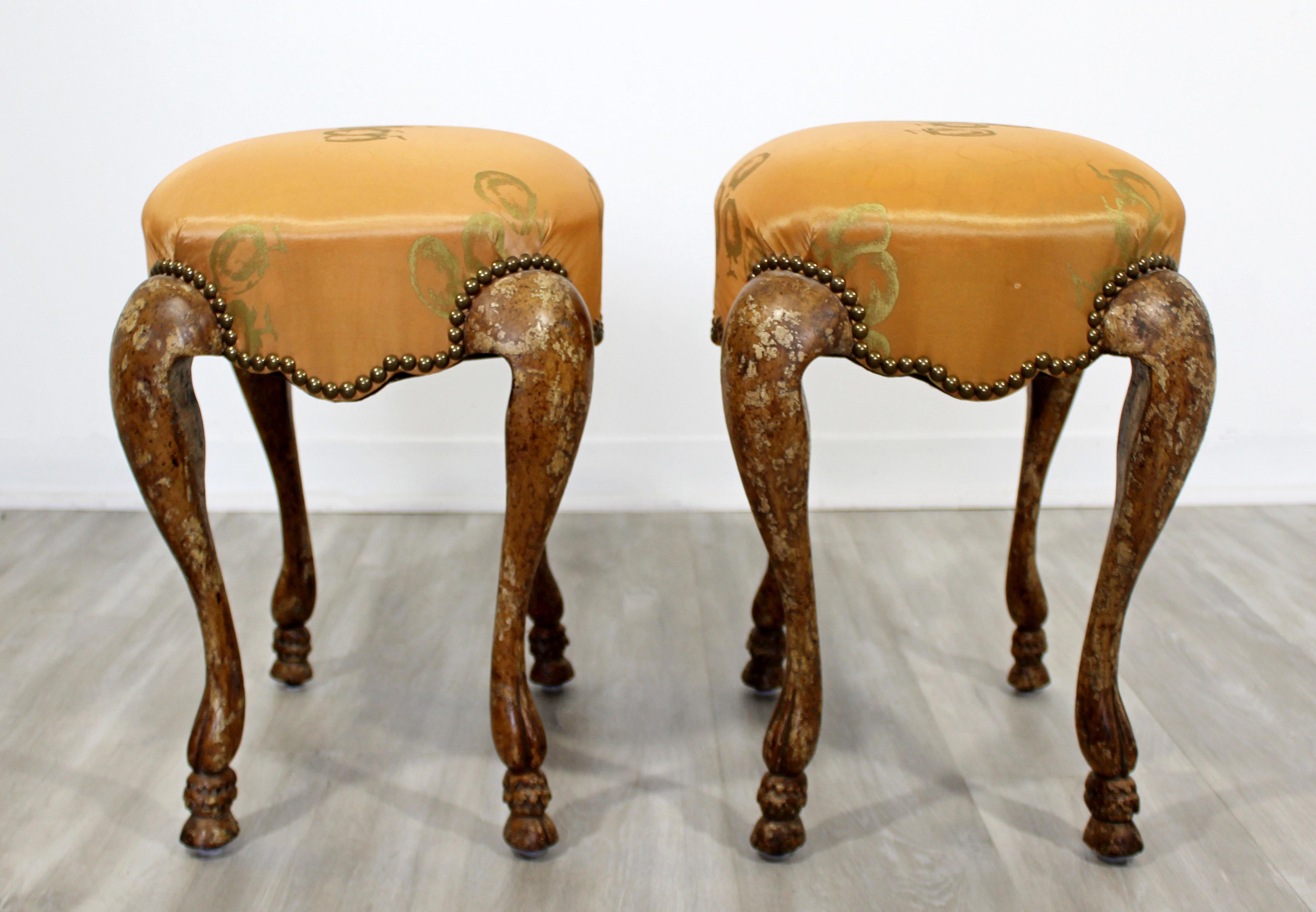 Art Deco Style Pair Carved Wood Upholstered Stools Cabriole Legs Minton-Spidell In Good Condition In Keego Harbor, MI