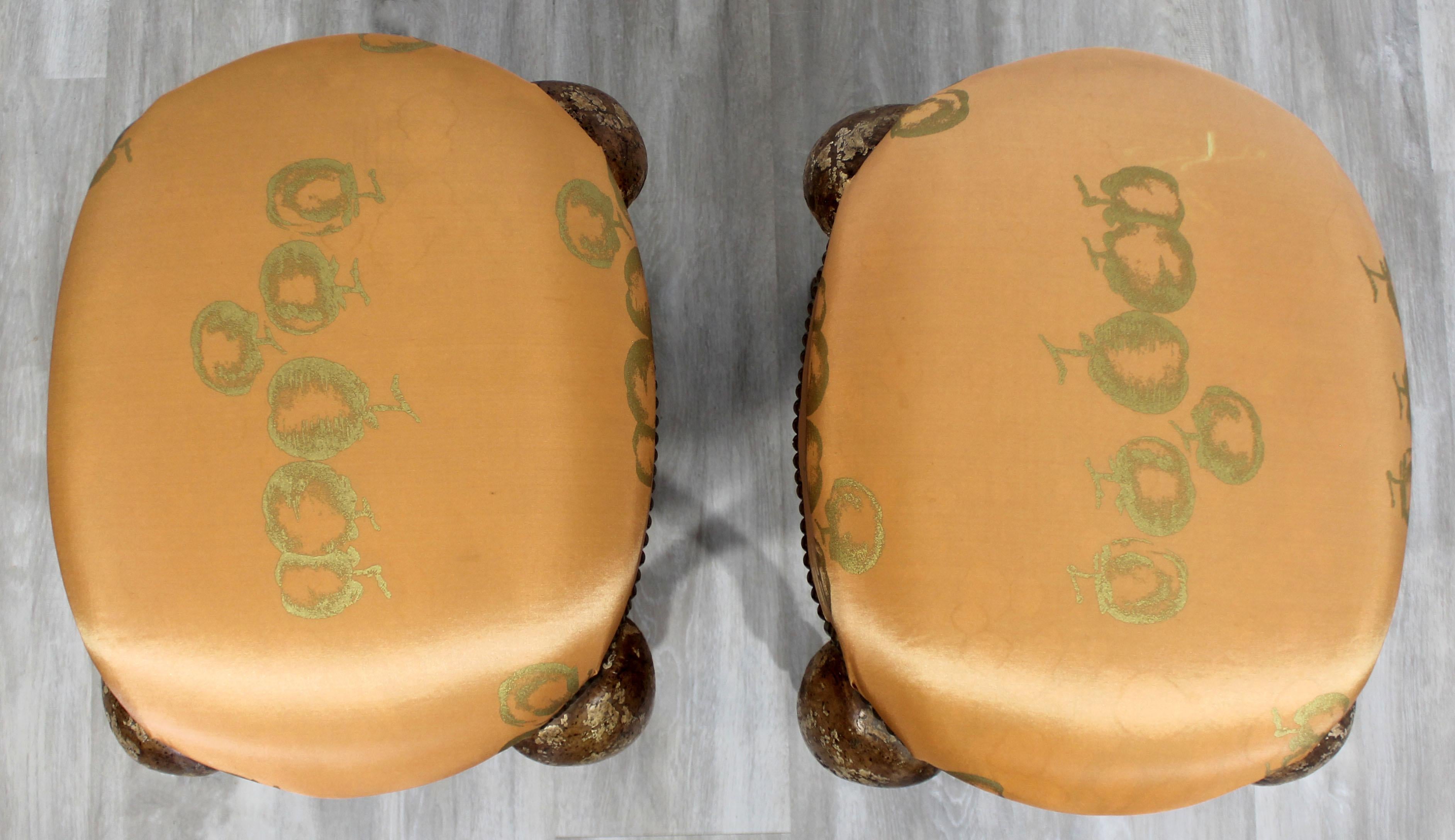 Late 20th Century Art Deco Style Pair Carved Wood Upholstered Stools Cabriole Legs Minton-Spidell