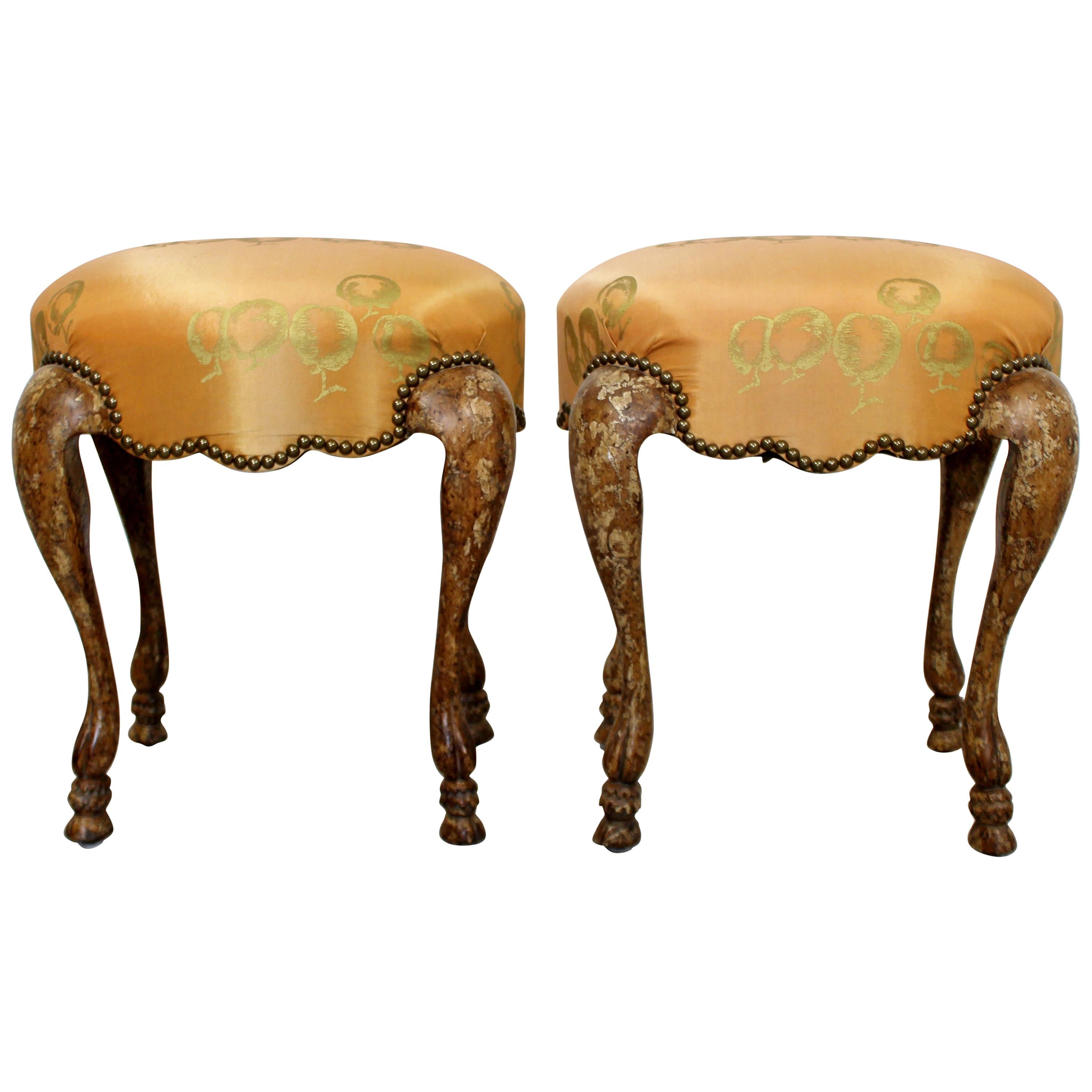 Art Deco Style Pair Carved Wood Upholstered Stools Cabriole Legs Minton-Spidell