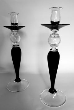 Art Deco Style Pair of Black Crystal Italian Candlesticks