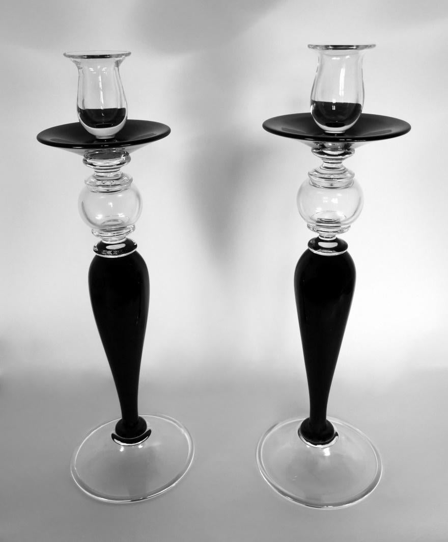 Art déco Paire de chandeliers italiens en cristal noir de style Art Déco en vente