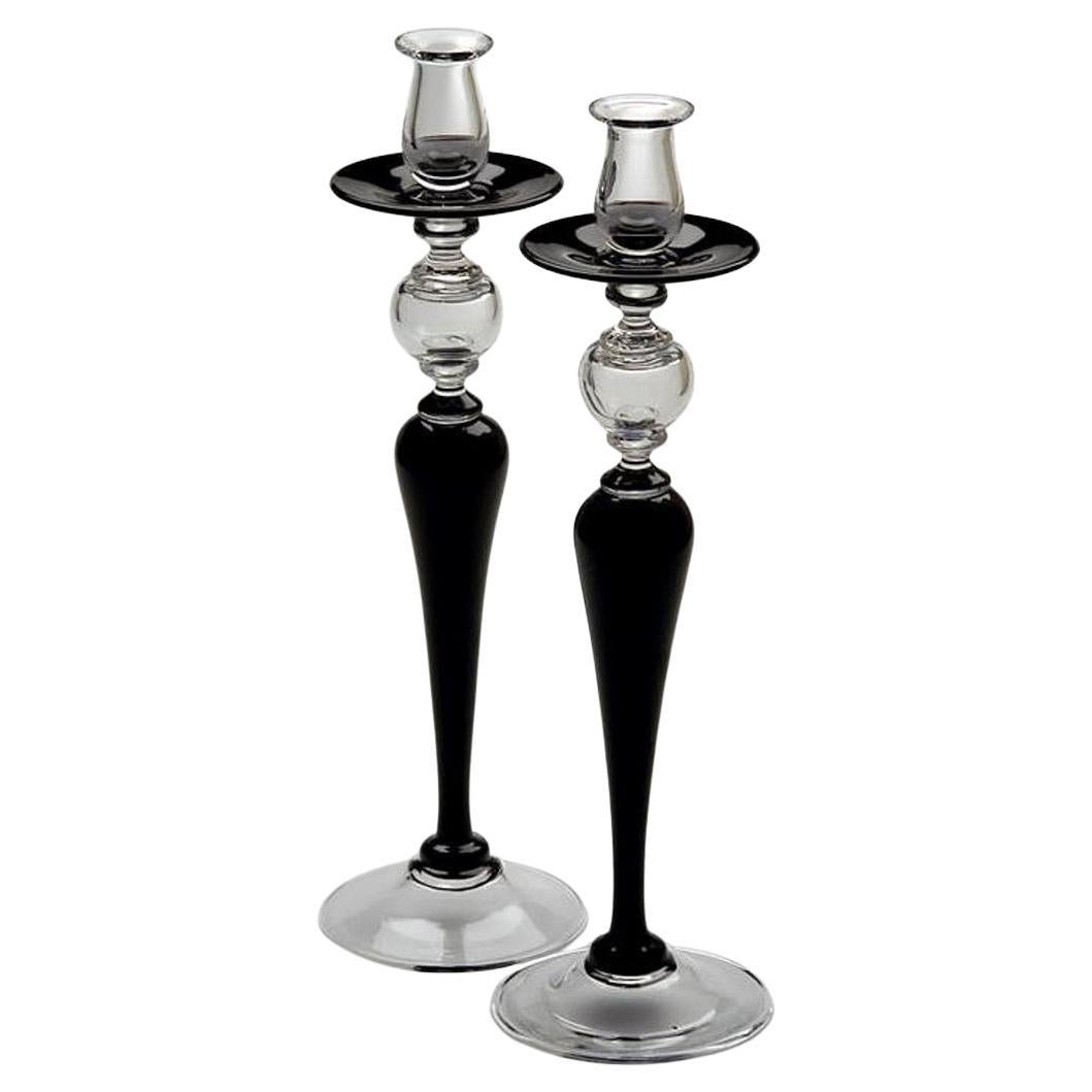 Art Deco Style Pair of Black Crystal Italian Candlesticks For Sale