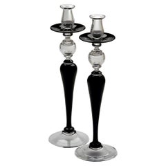 Art Deco Style Pair of Black Crystal Italian Candlesticks