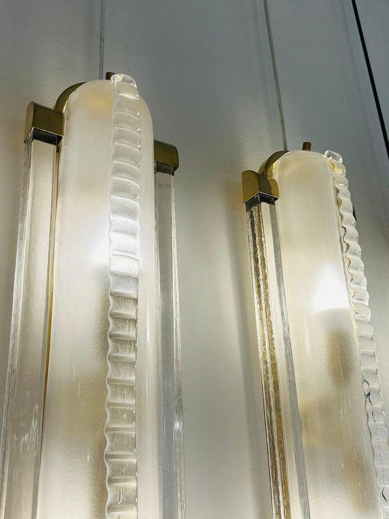 Italian Art Deco Style,  Pair of Brass and Murano Glass Sconces For Sale