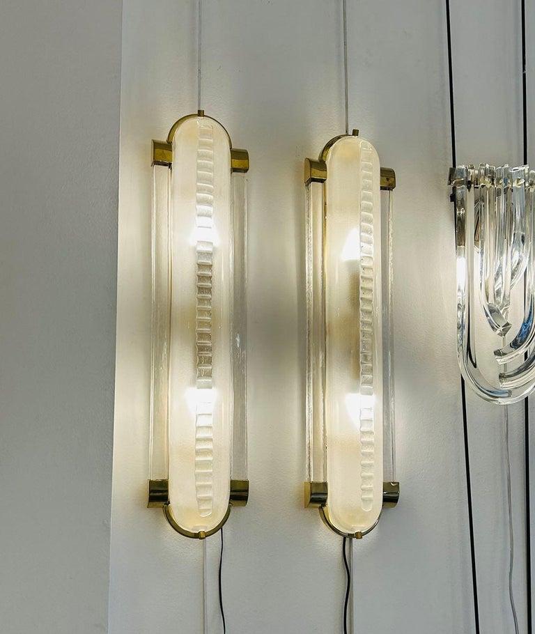 Art Deco Style,  Pair of Brass and Murano Glass Sconces For Sale 4