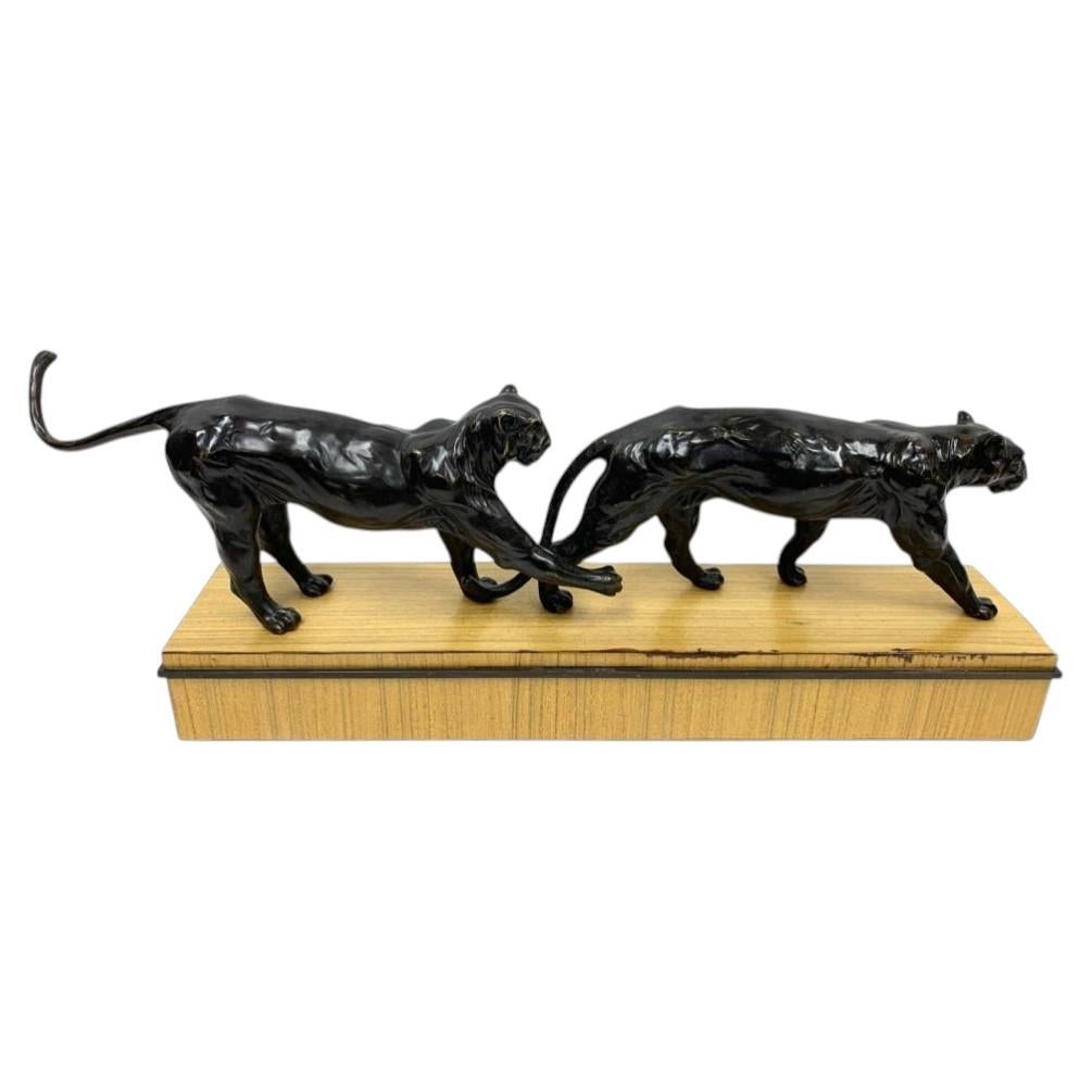 Art Deco Style Pair Of Bronze Panther Sculptures On A Plinth Base