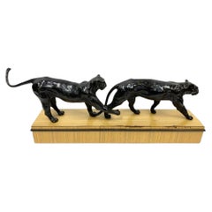 Art Deco Style Pair Of Bronze Panther Sculptures On A Plinth Base