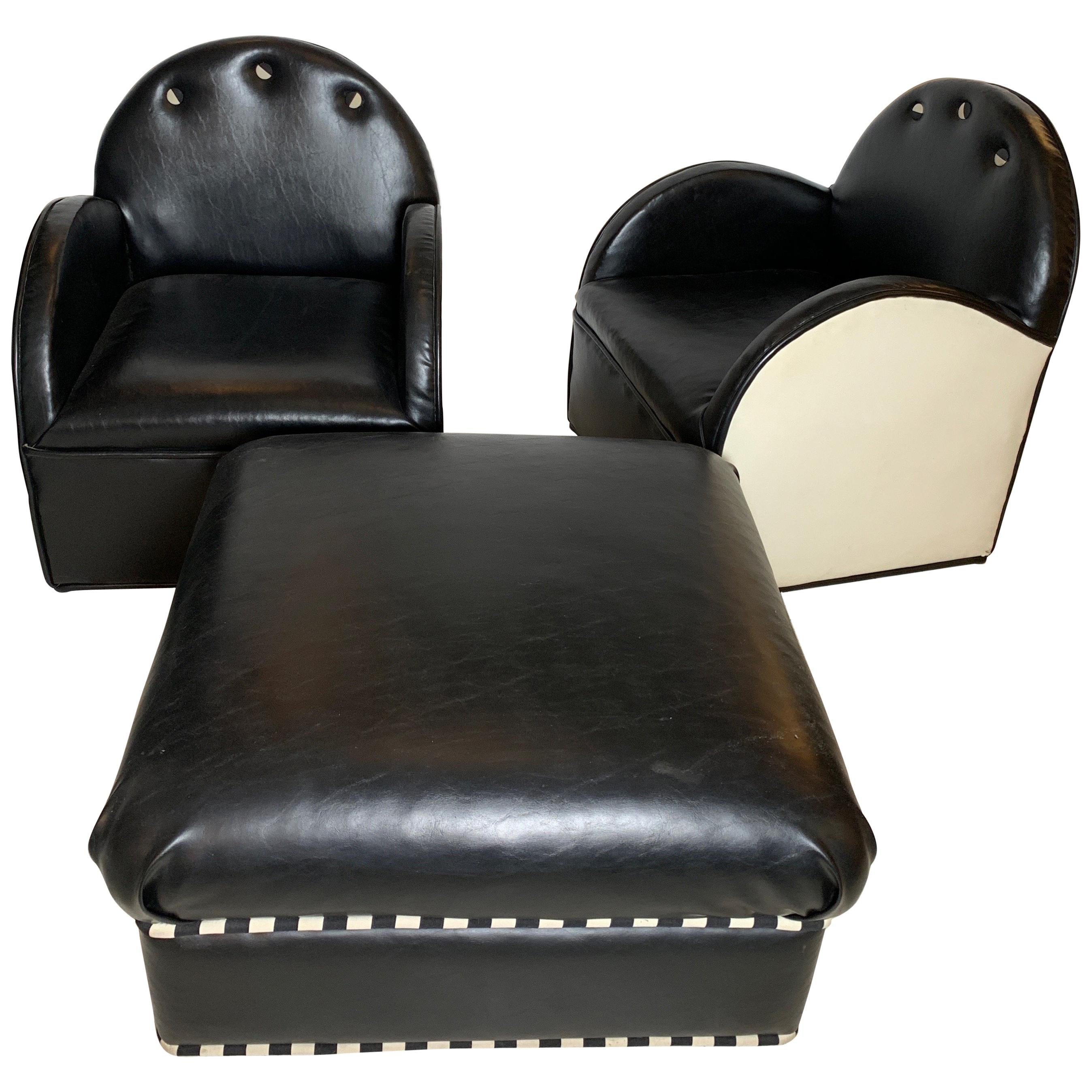 Art Deco Style Pair of Club Chairs and Ottoman for the Set