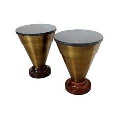 Art Deco Style Pair of Cylindrical Marble Topped Brass and Wood Side End Tables