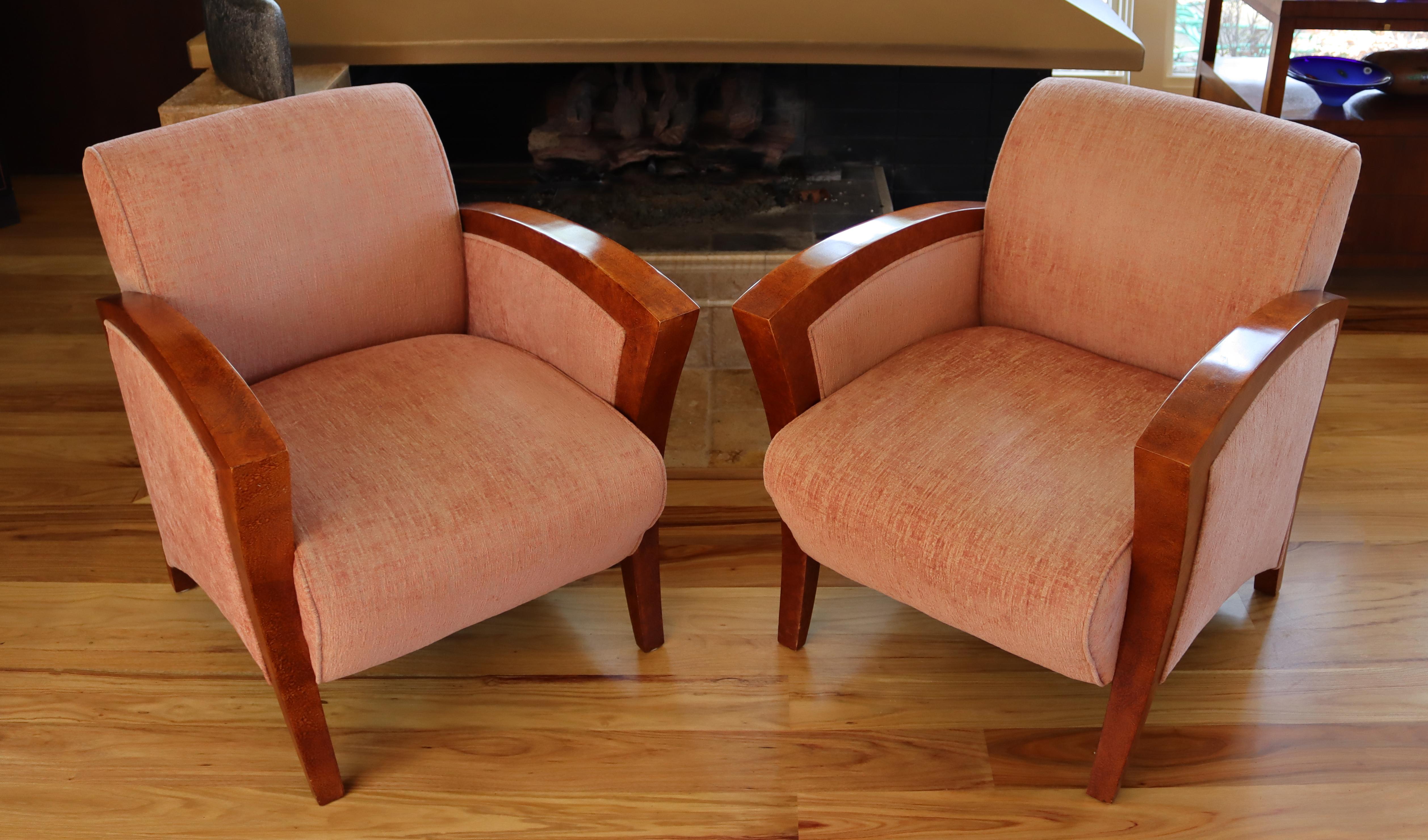 For your consideration is a gorgeous pair of club or lounge armchairs, on curved wood, in the Art Deco style. In excellent condition. The dimensions are 26.5