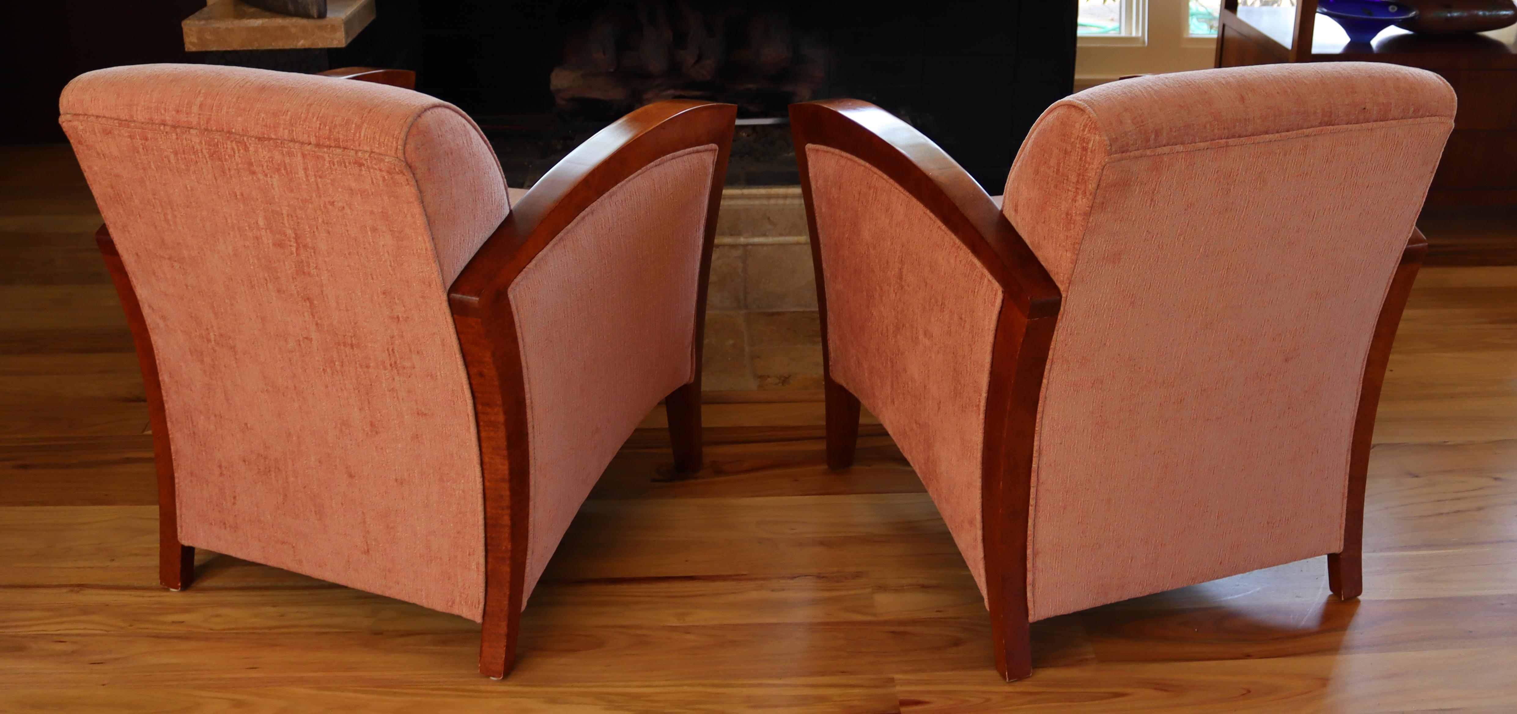 Art Deco Style Pair of French Club Lounge Chairs Curved Wood Velvet In Good Condition In Keego Harbor, MI