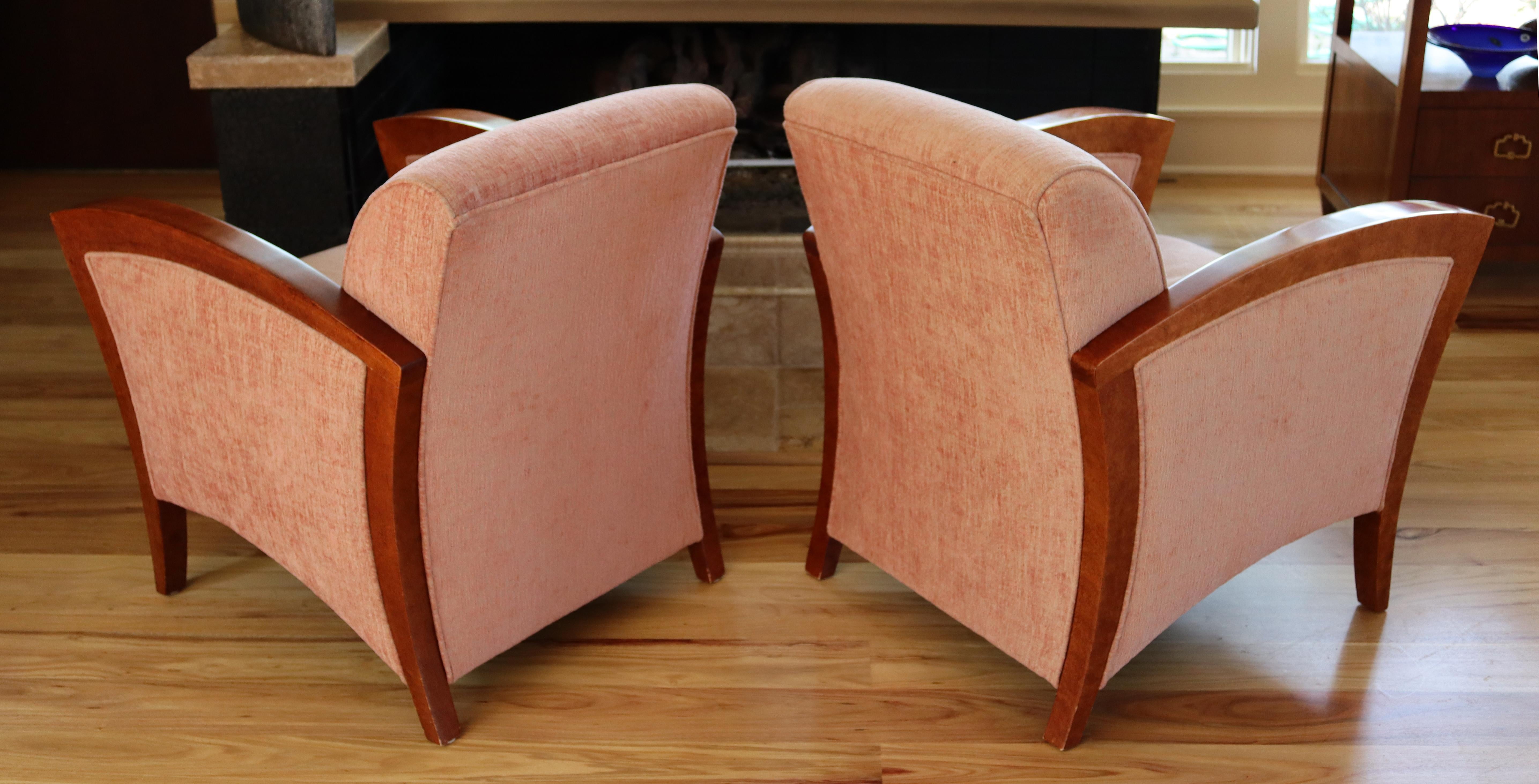 Art Deco Style Pair of French Club Lounge Chairs Curved Wood Velvet 2