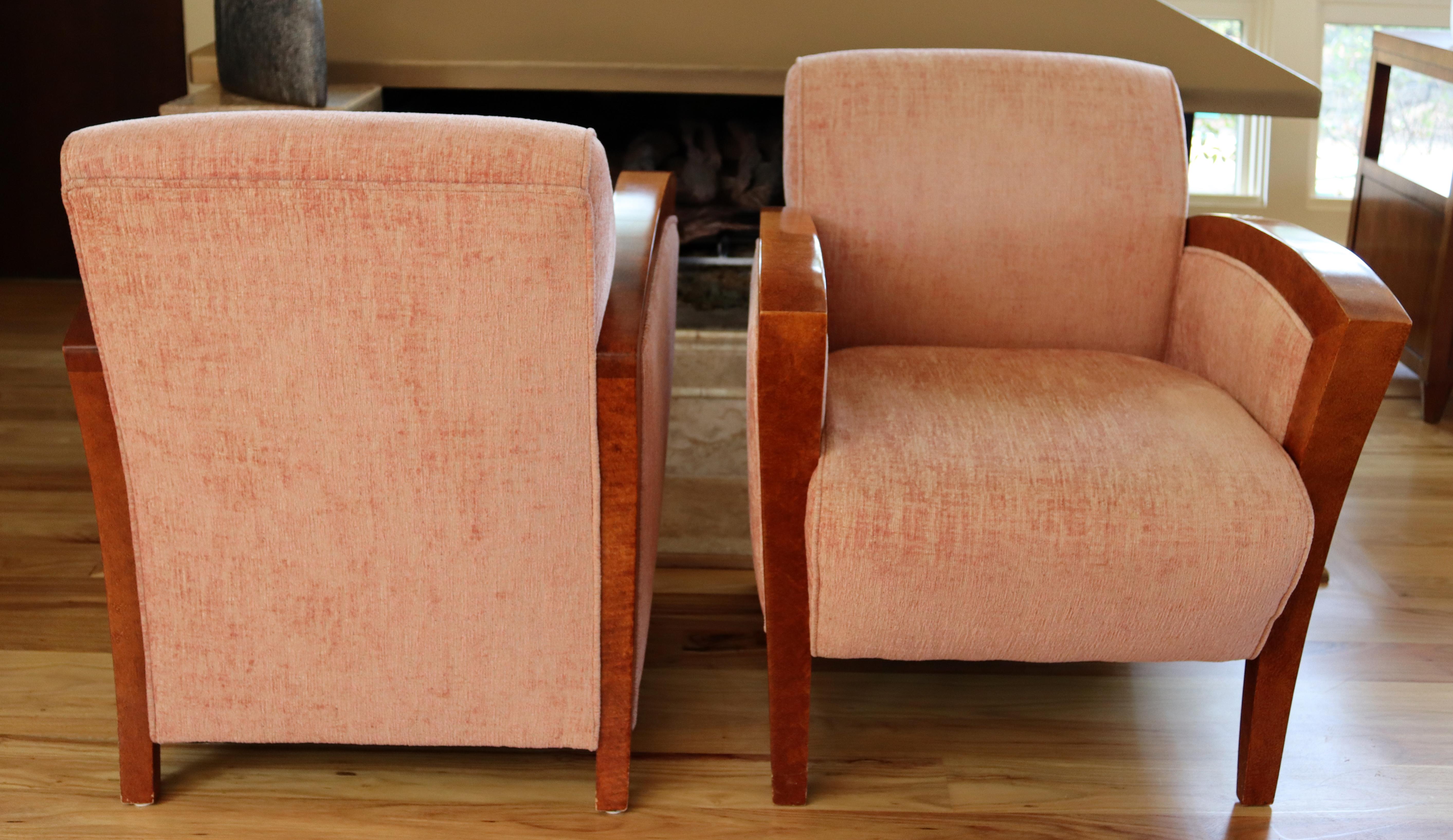 Art Deco Style Pair of French Club Lounge Chairs Curved Wood Velvet 3