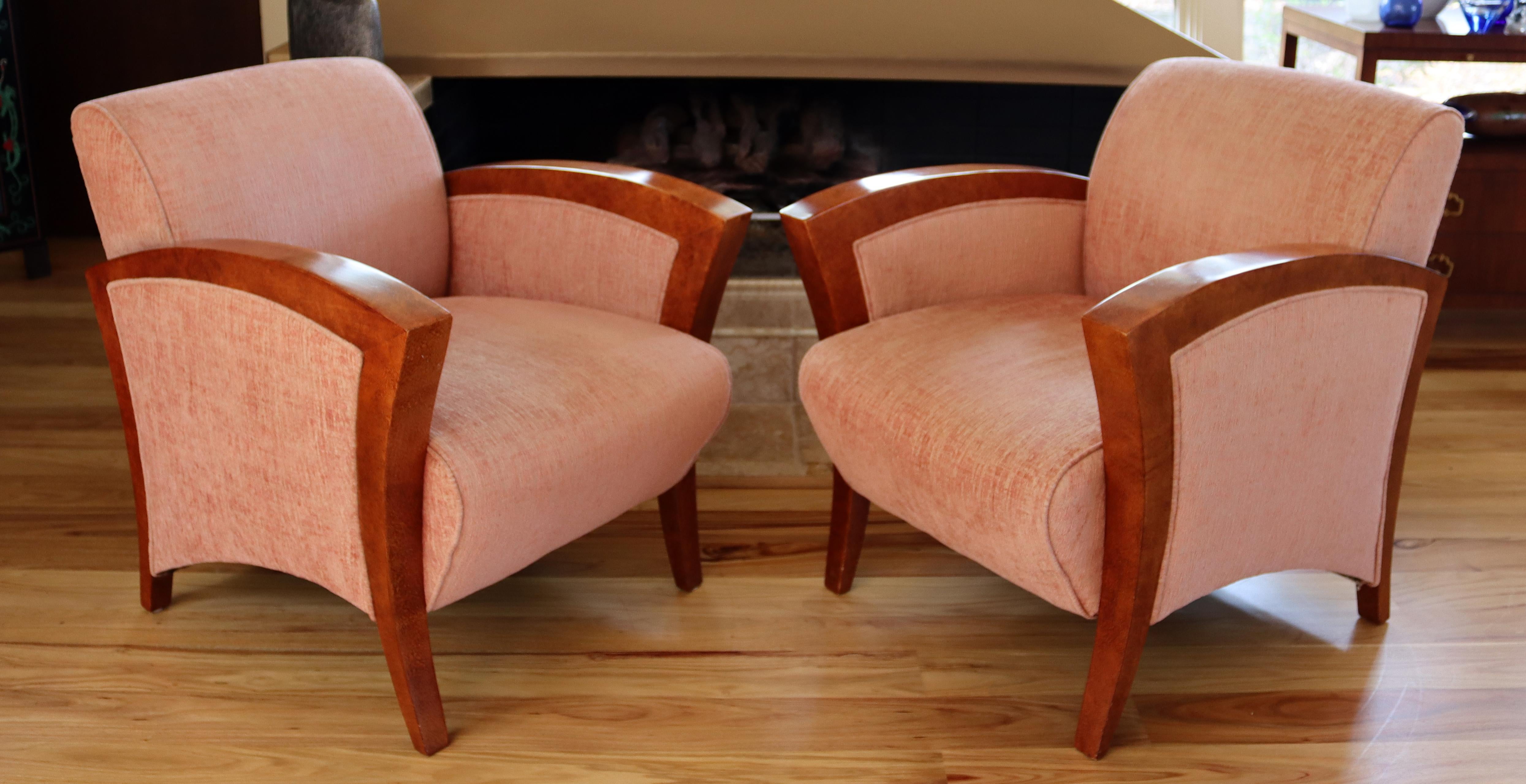 Art Deco Style Pair of French Club Lounge Chairs Curved Wood Velvet 4