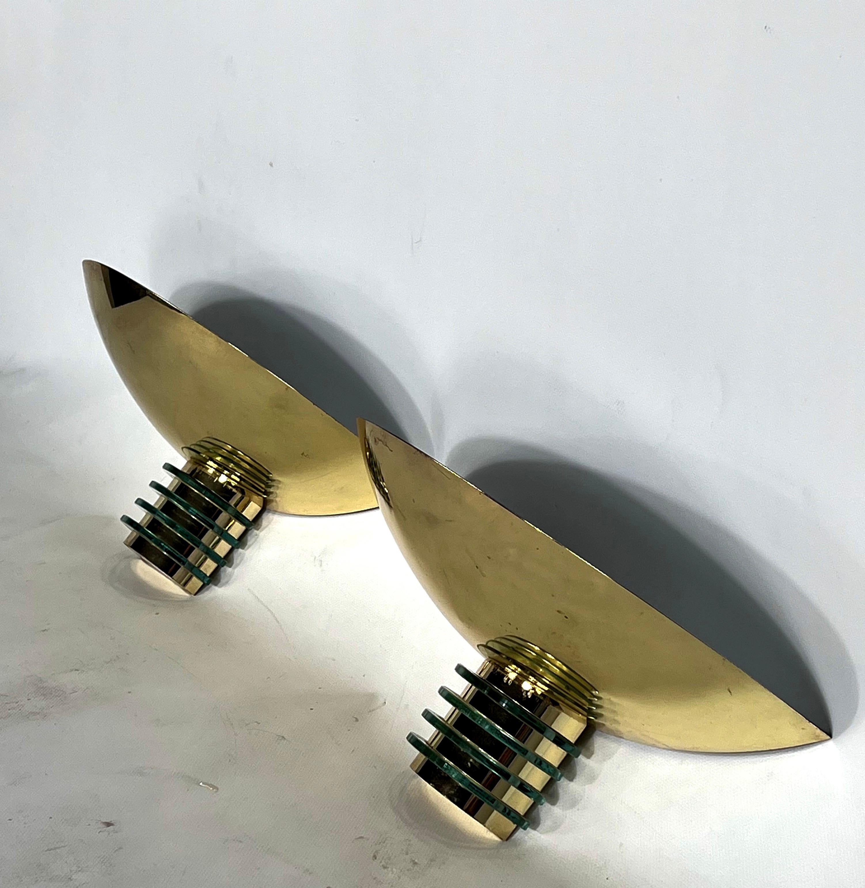 Art Deco Style Pair of Gilded Metal and Glass Sconces by SCE of France, 1970s For Sale 2