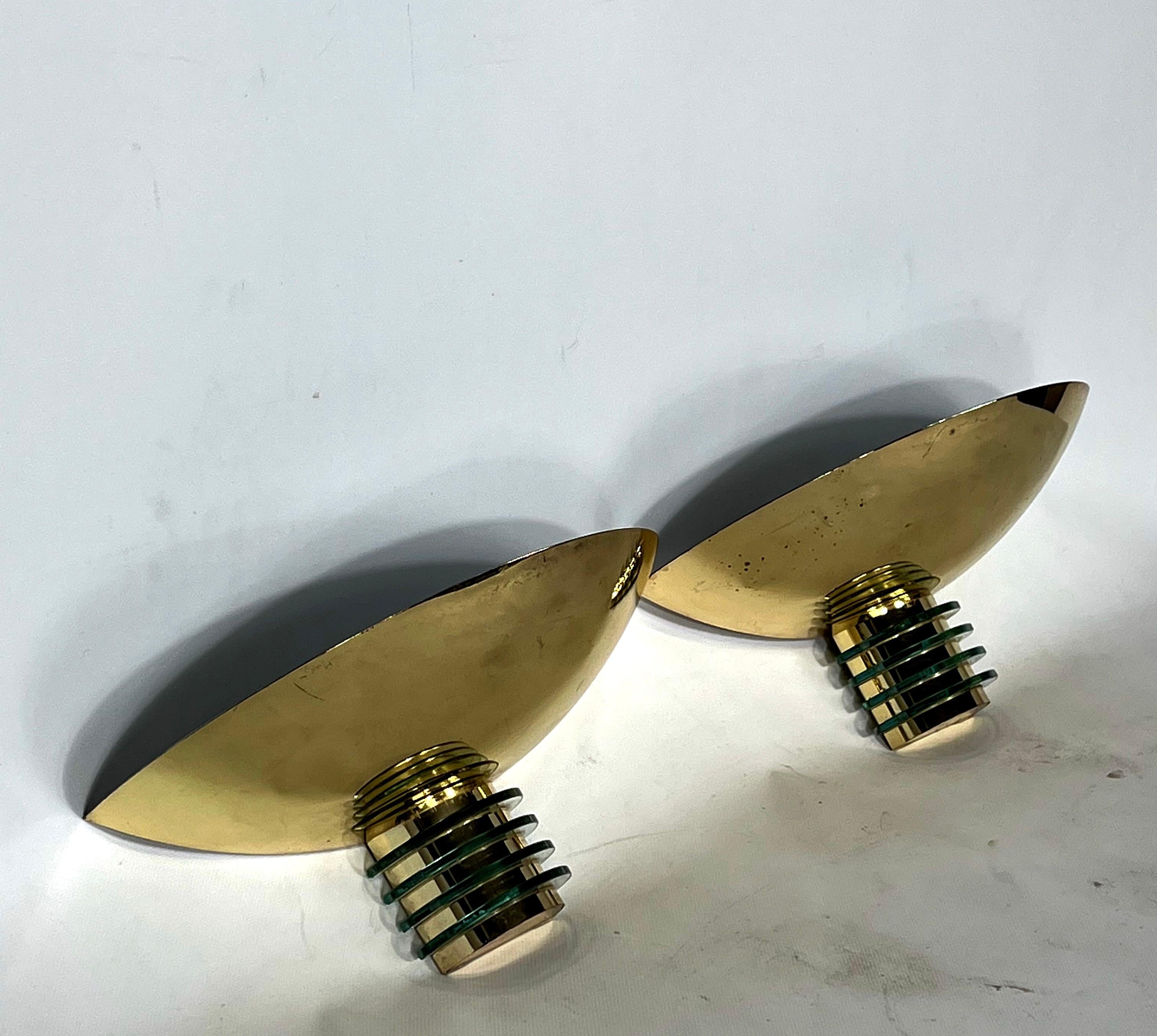Art Deco Style Pair of Gilded Metal and Glass Sconces by SCE of France, 1970s For Sale 3