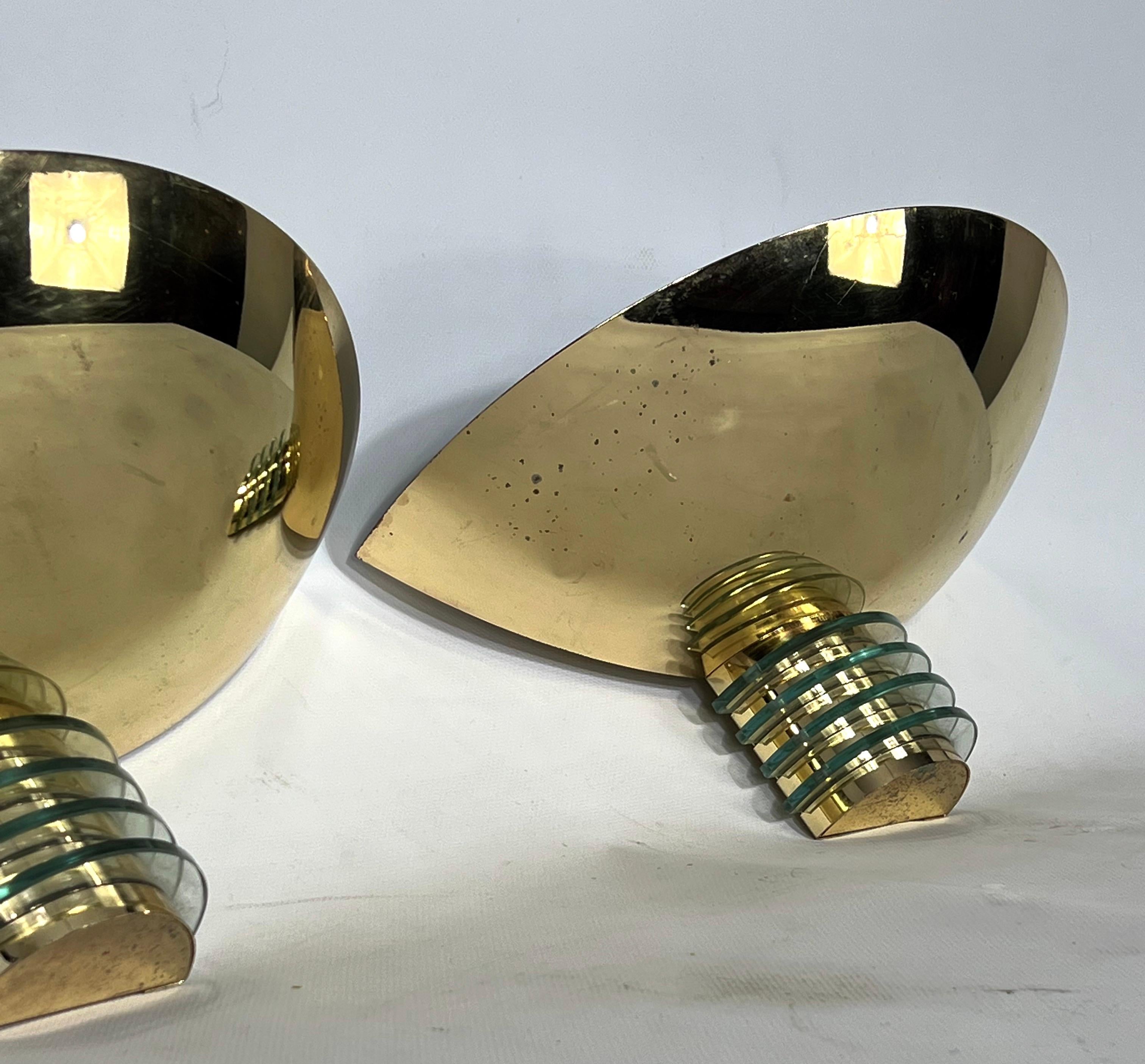 Art Deco Style Pair of Gilded Metal and Glass Sconces by SCE of France, 1970s For Sale 5