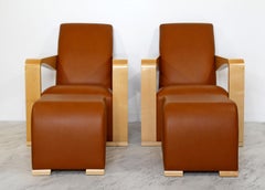 Paar Hugues Chevalier Leder-Loungesessel im Art-déco-Stil, Ottomane, Französisch